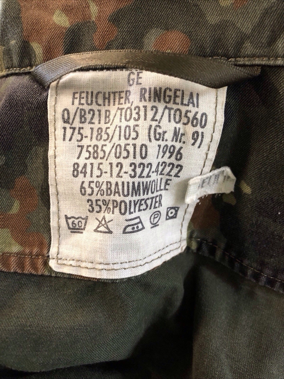 DEU GE German Army Camo Snap-Button Full Zip 175-185/1996 Jacket Field Coat