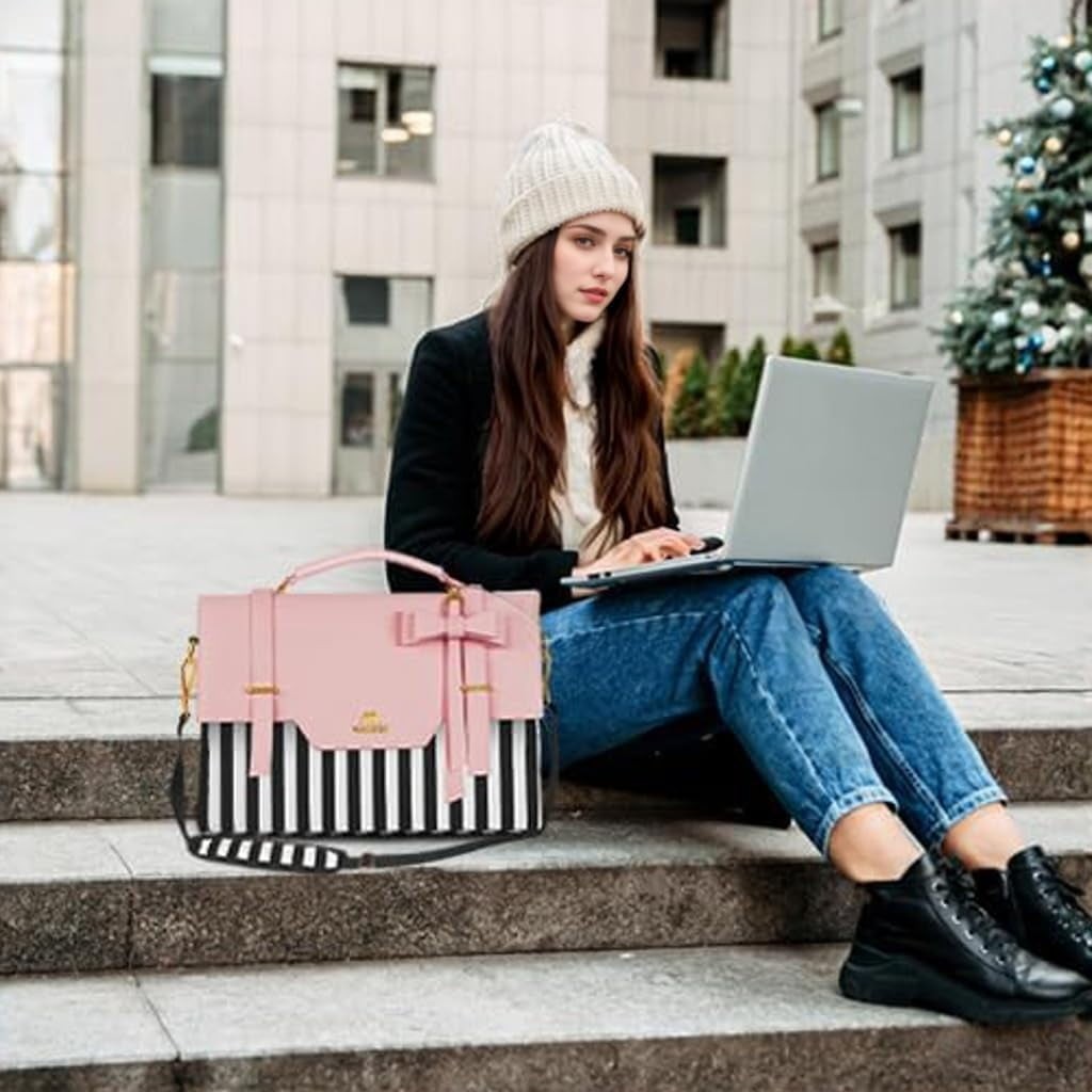 Laptop Tote Bag, 15.6 Inch PU Leather Crossbody Shoulder Handbag for Women, Pink