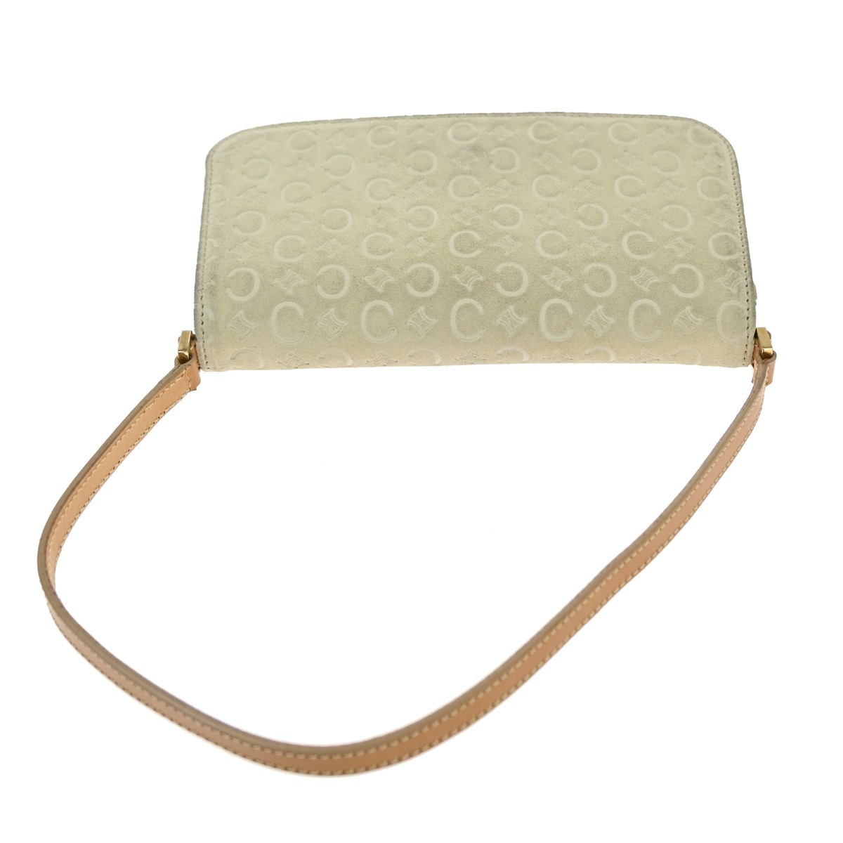 CELINE Logo C Macadam Shoulder Bag Leather Suede Ivory GHW Italy 69KC034