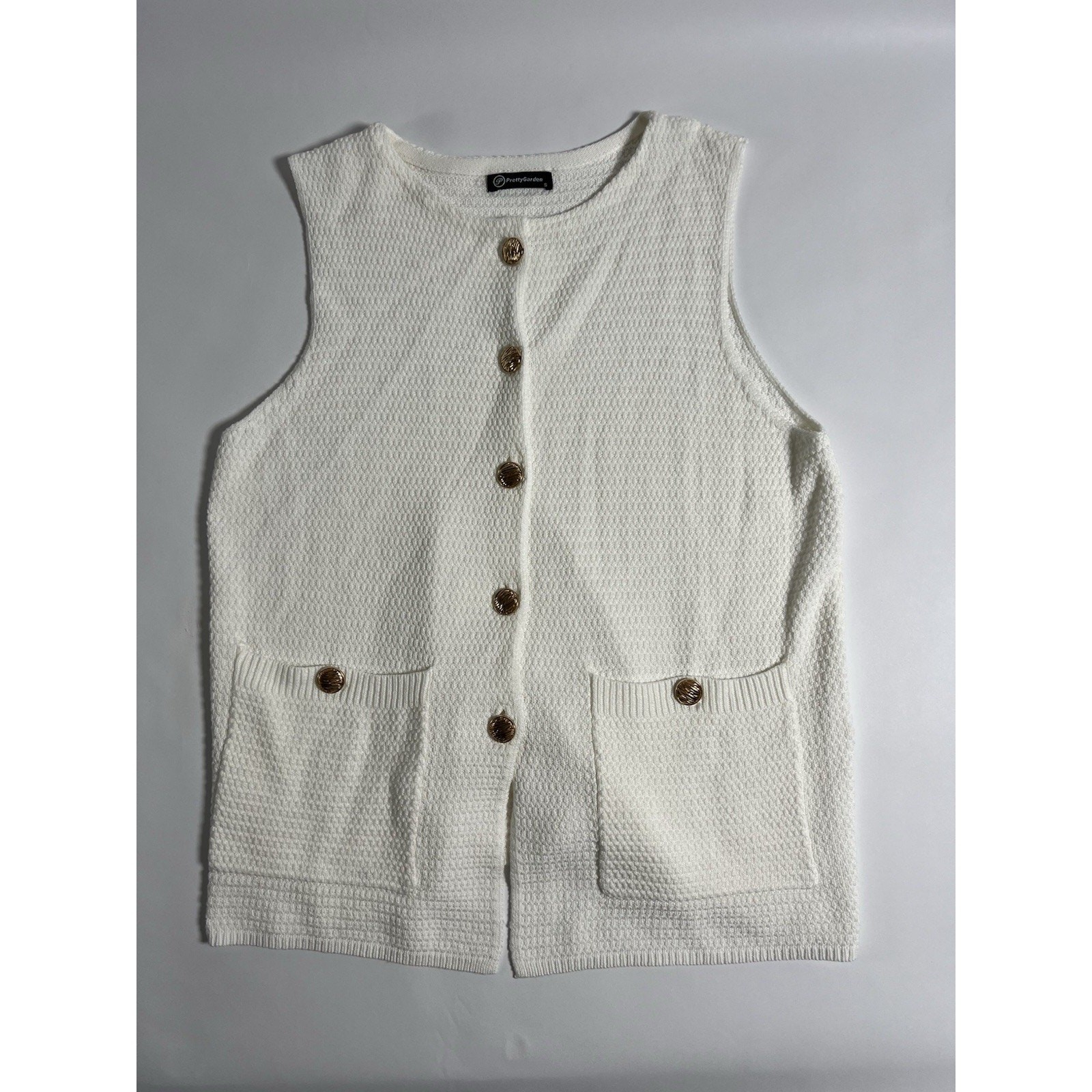PrettyGarden White Knit Sweater Vest Cardigan Button Pockets Size S