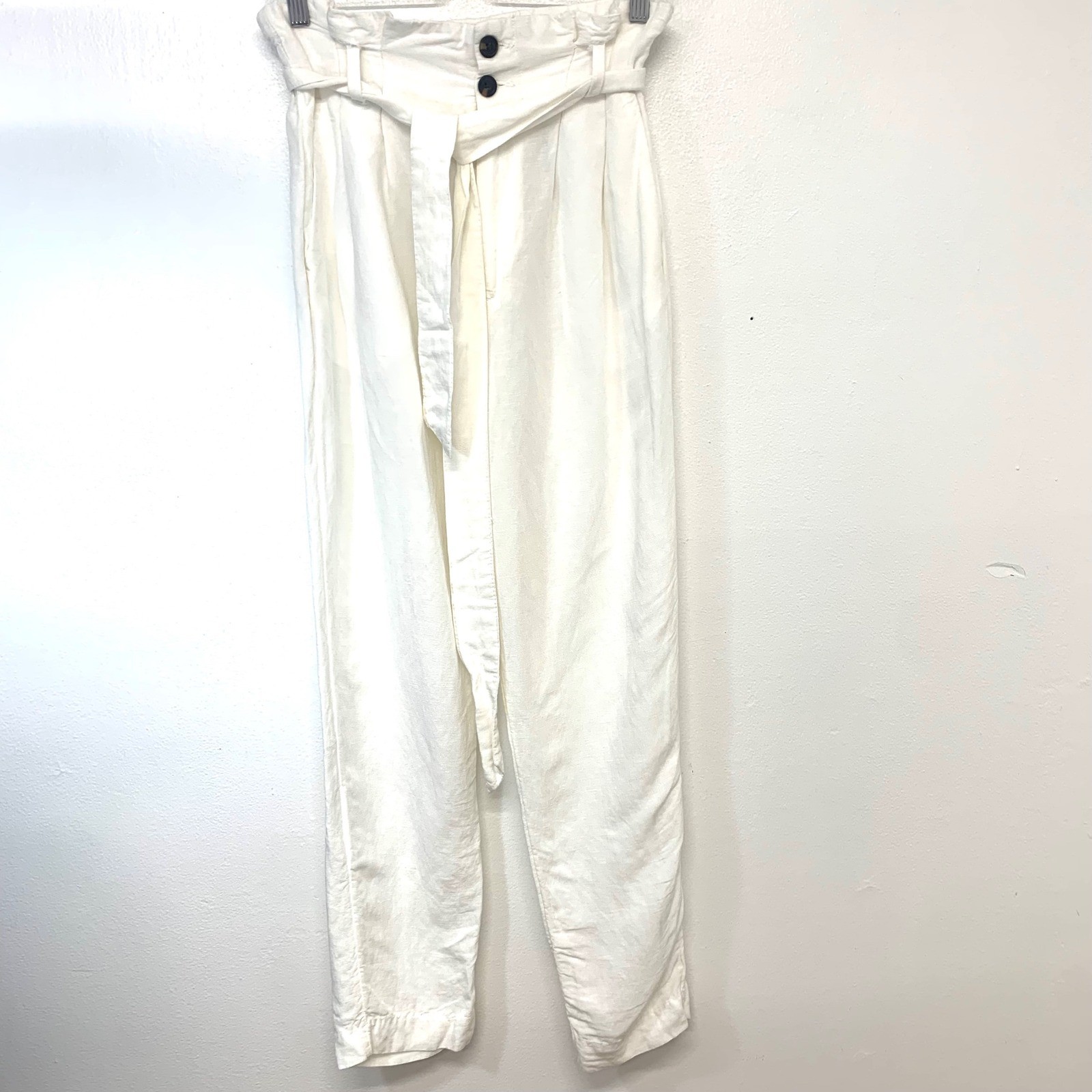 H&M White Linen Blend Paperbag High Rise Tie Belt Tapered Pants Size 4 Pockets