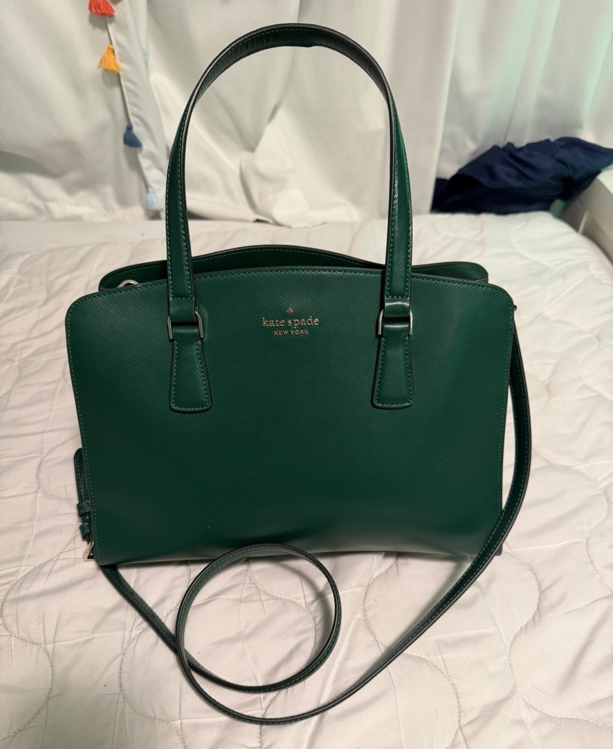 kate spade new york Green Saffiano Satchel Top Handle Zip Bag, Detachable Strap