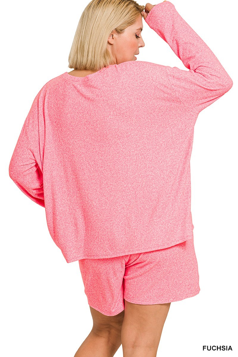 Zenana soft melange long sleeve tee & shorts set fuchsia 2x