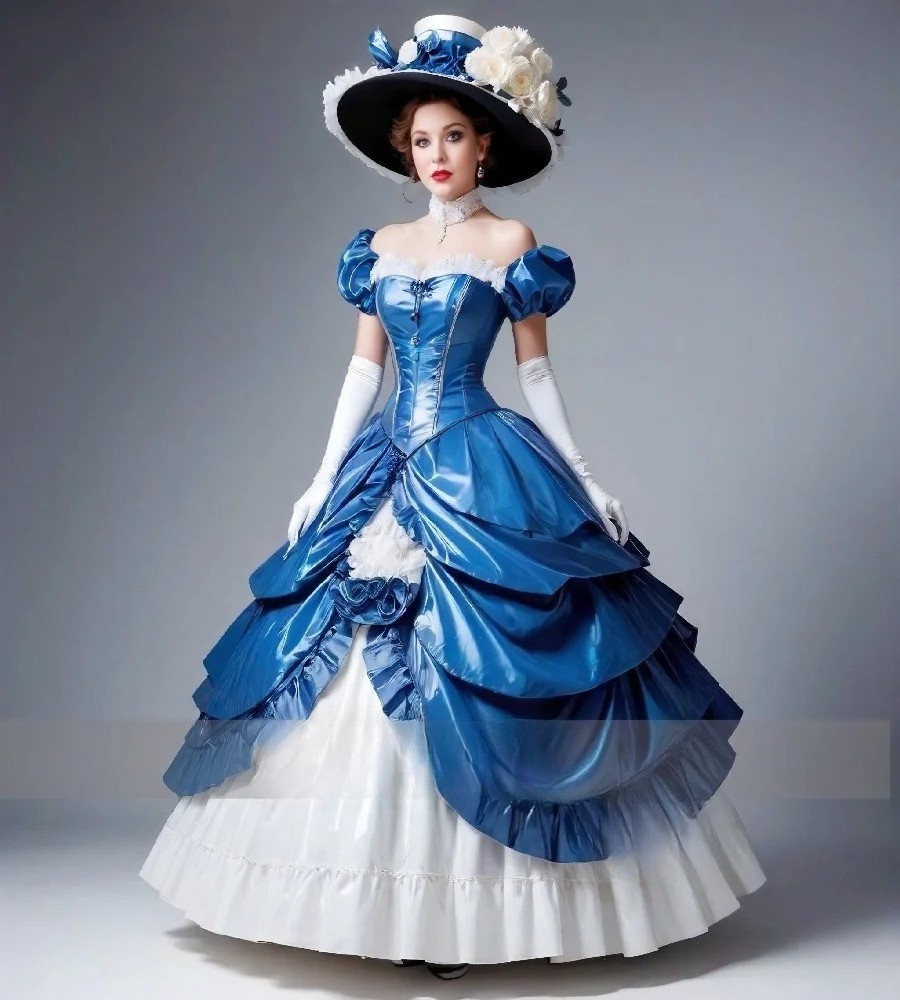 Blue Victorian Off Shoulder Satin Ball Gown Renaissance Costume Dresses