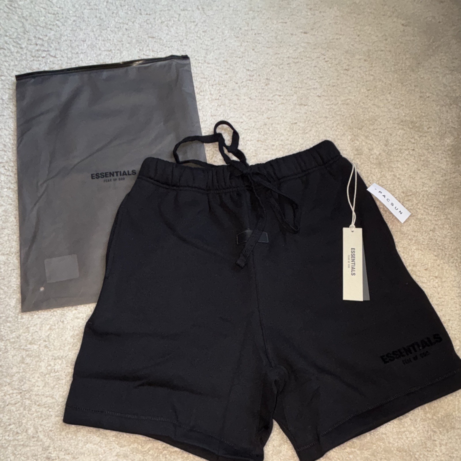 Essentials Men’s Black Fleece Sweat Shorts Logo Drawstring Elastic Waist Pockets