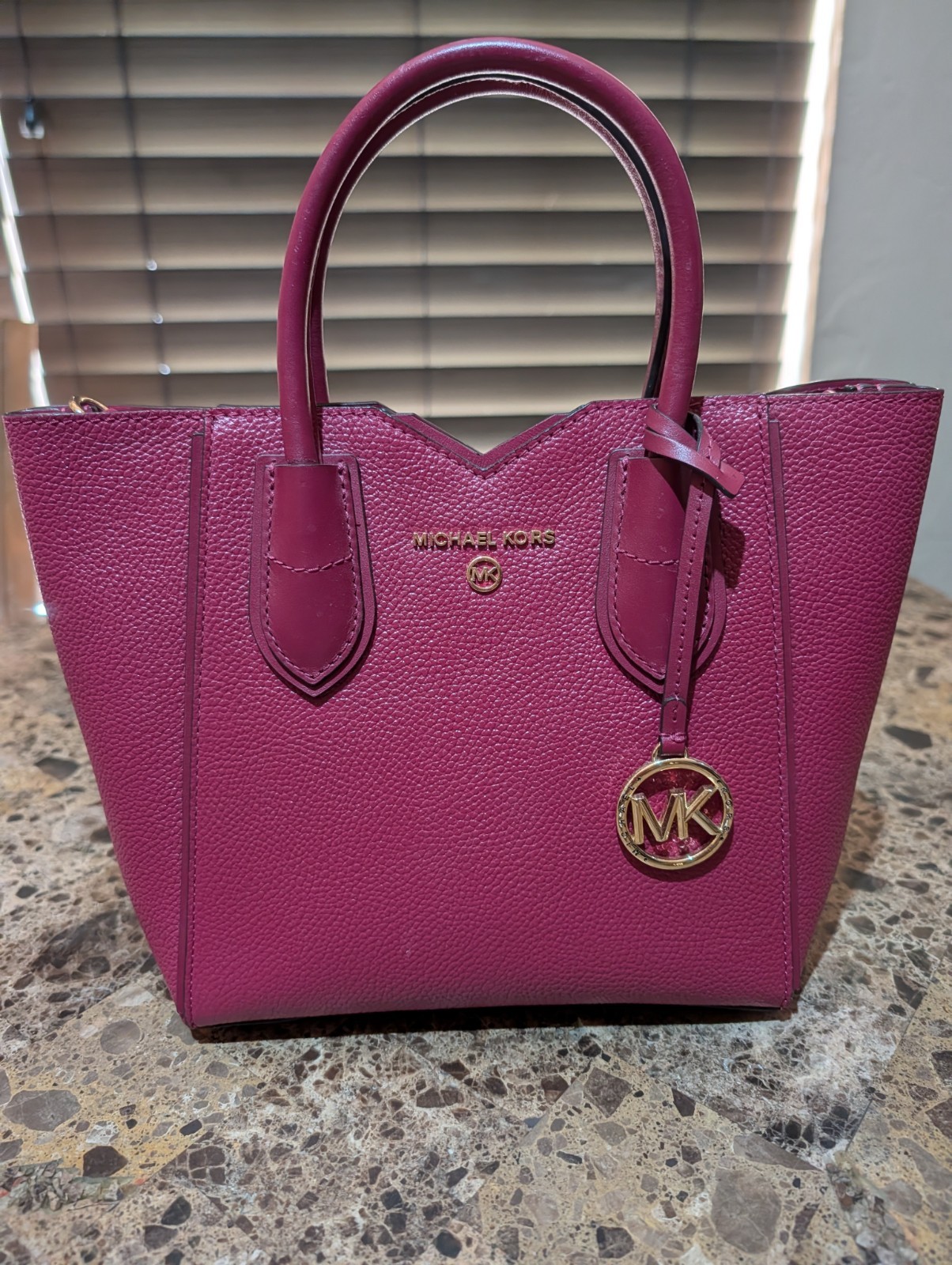 Michael Kors Burgundy Pebbled Satchel Double Handle Zip w/ Gold-Tone Logo Charm
