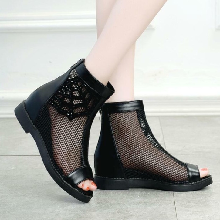Women’s Roman Sandals Ankle Boots Peep Toe Low Hidden Wedge Heel Mesh Net Shoes