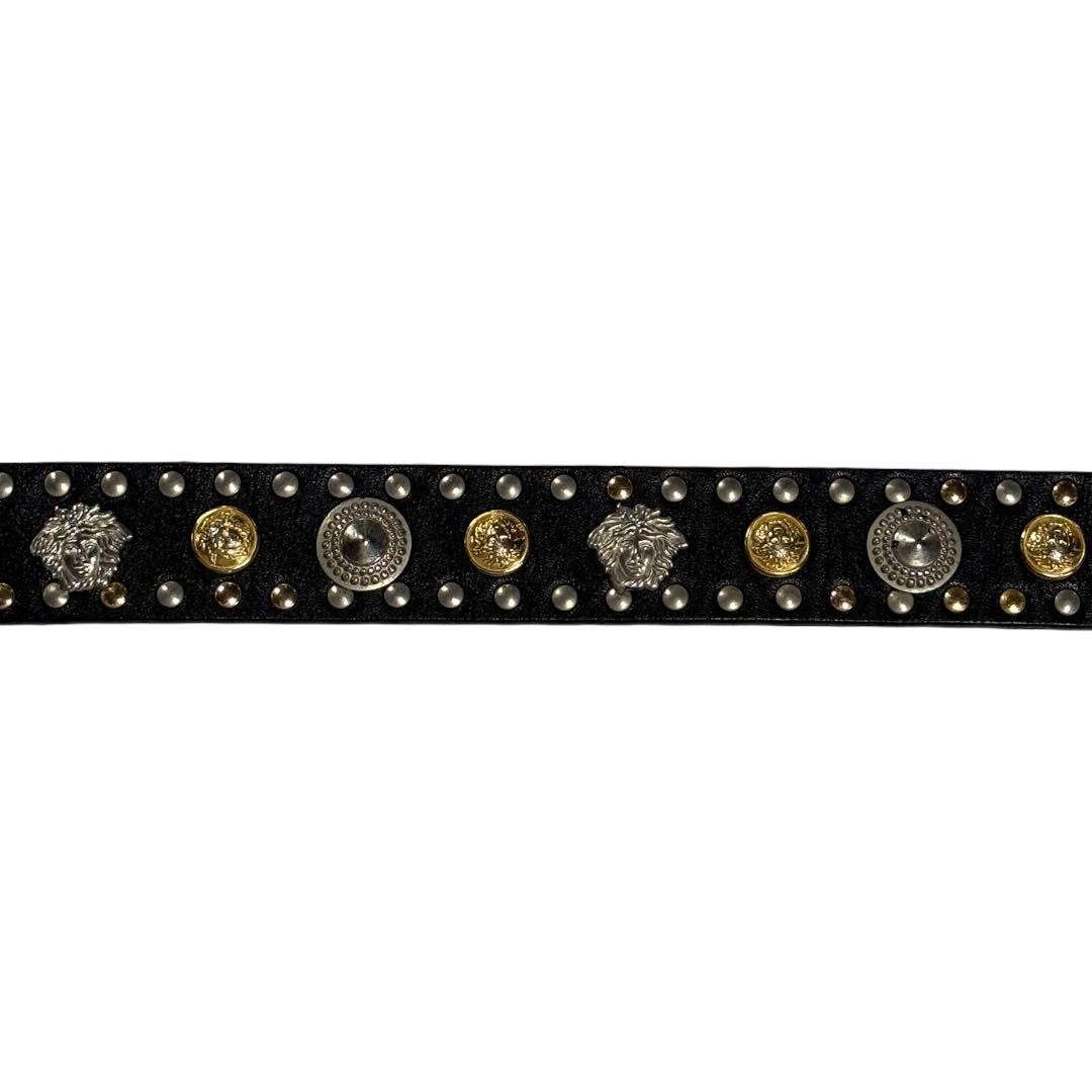 GIANNI VERSACE 1990s Studded Leather Belt Two-Tone Gold Silver Buckle Used