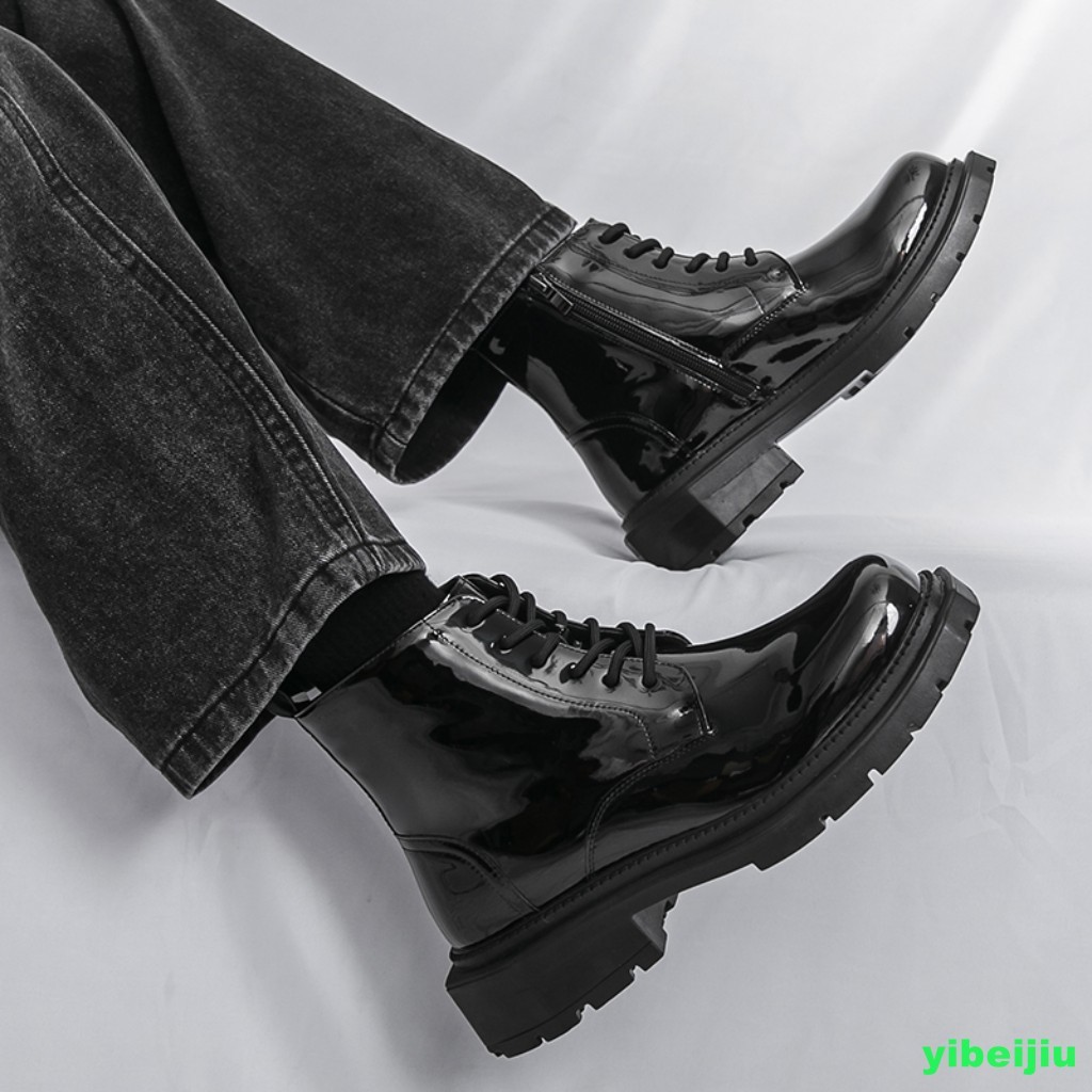 Mens Shiny Leather Dress Ankle Short Boots Platform Wide Shoes Motorcycle Gothic