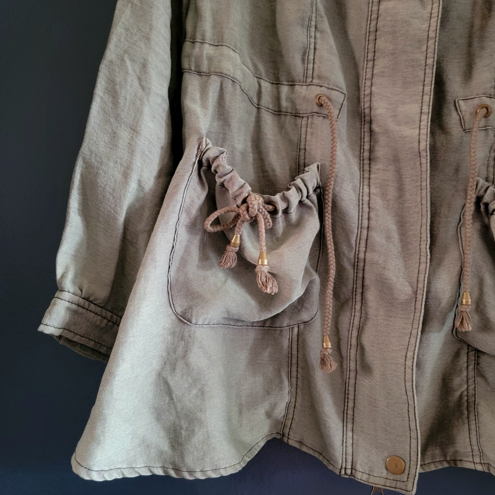 Free People Lightweight Mid Thigh Length Anorak Jacket Hoodie XS Olive Green