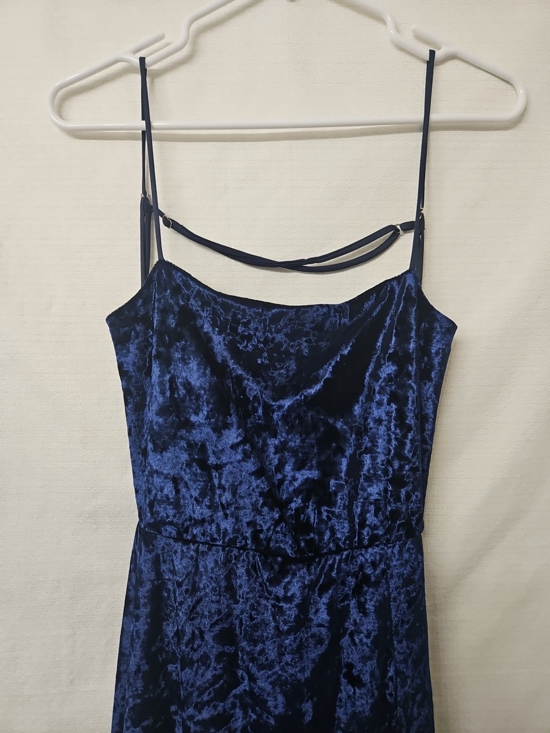 Womens Sz Lg Blue Crushed Velevet Maxi Dress High Slit Spaghetti Strap Stretch