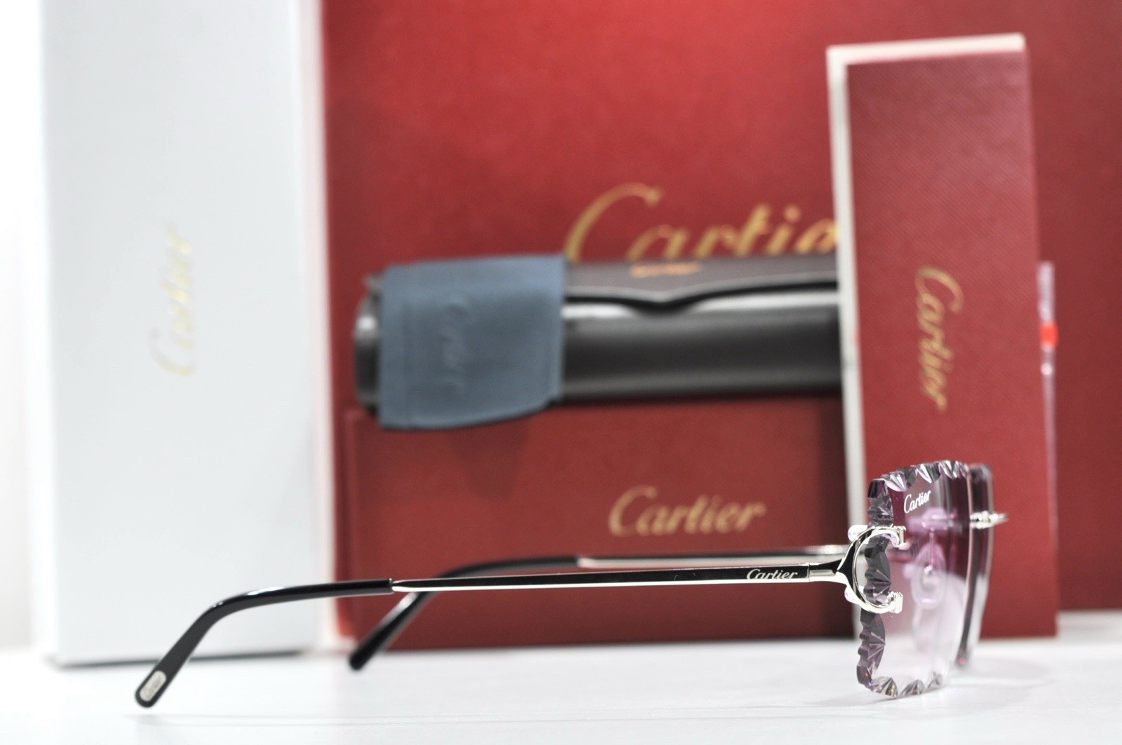 Cartier rimless sunglasses piccadilly glasses Diamond Cut BIG C silver Frame