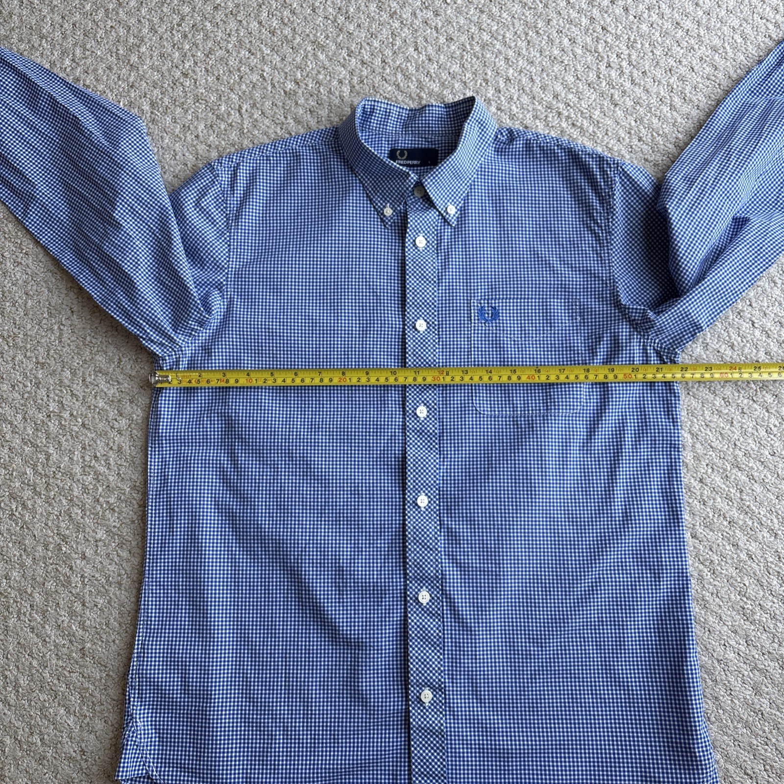 Fred Perry Gingham Check Shirt Men’s Large L Blue White Cotton Button Down