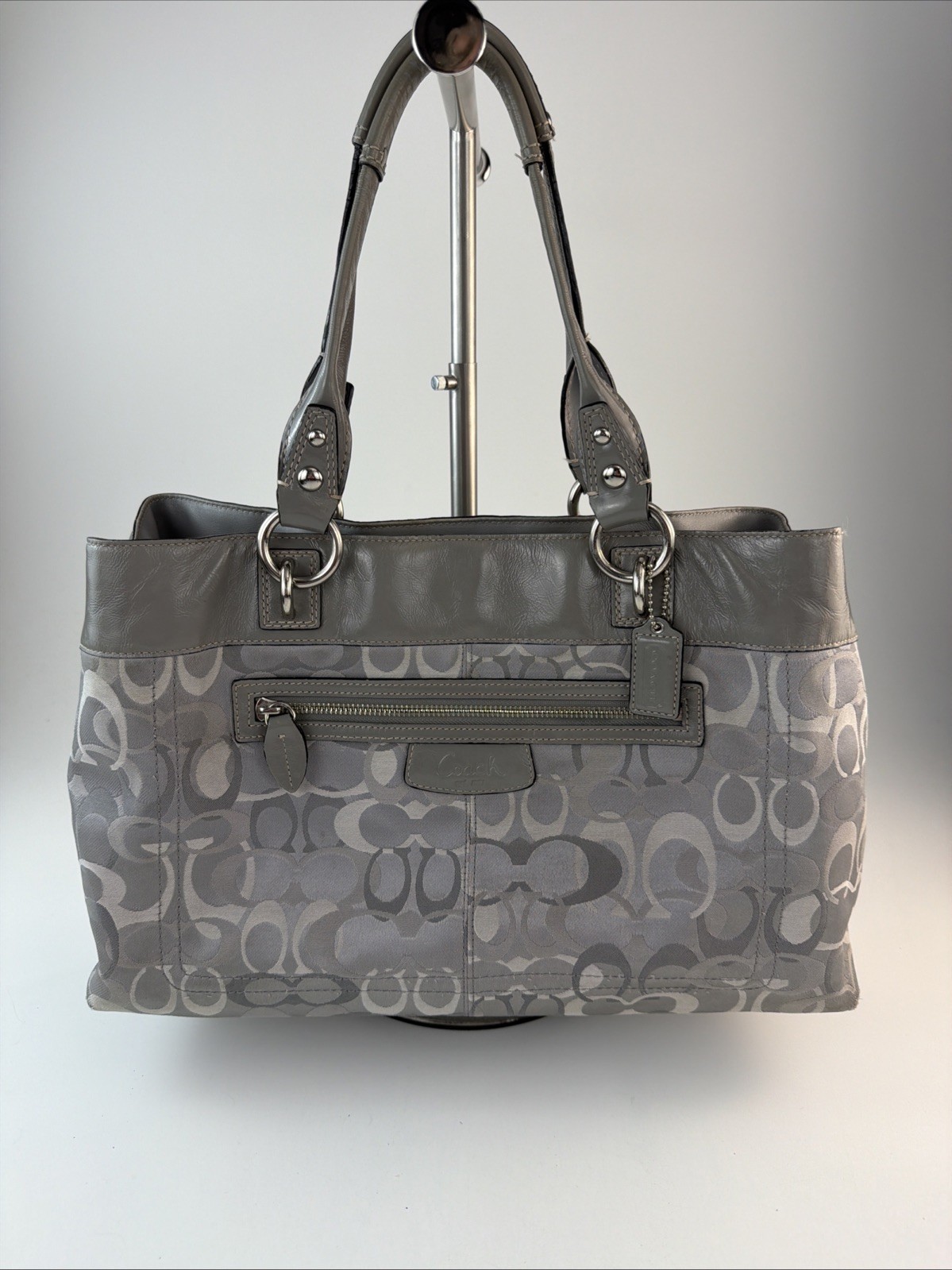 Coach Penelope Signature F15122 Jacquard/Patent Leather Silver Gray Tote