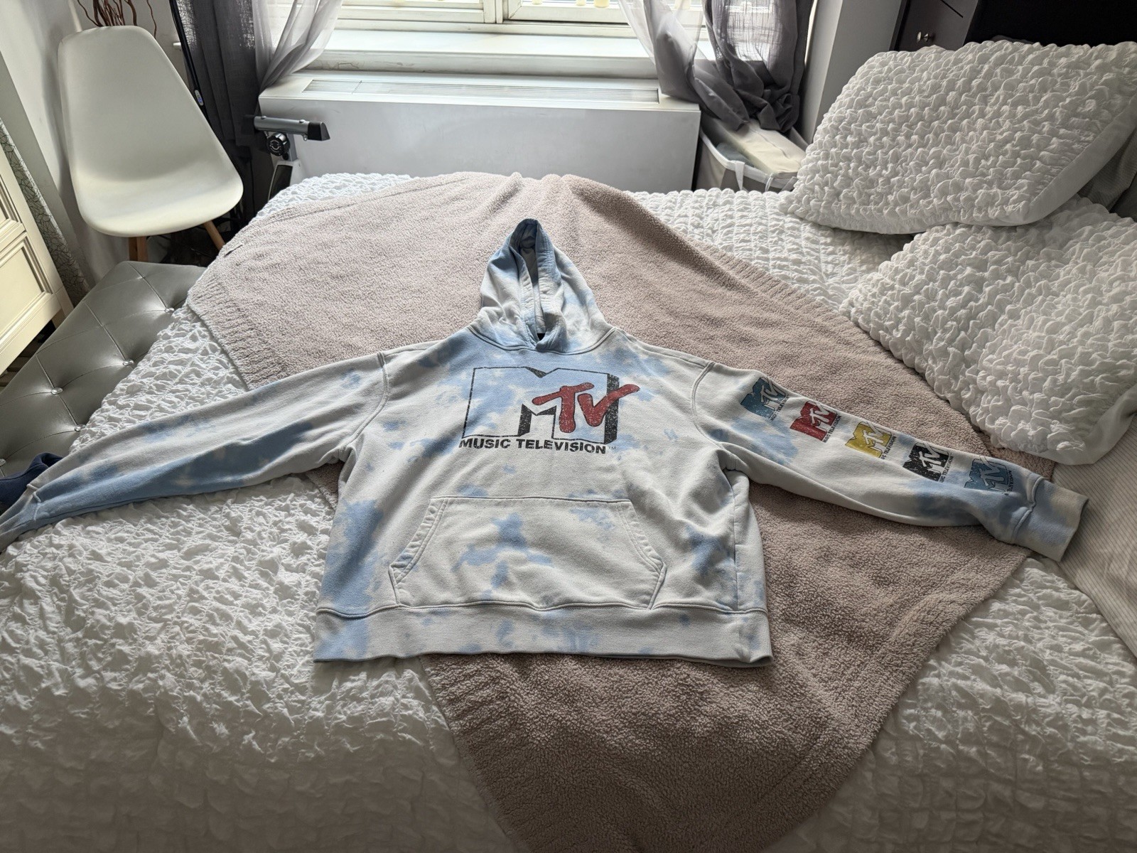 Vintage MTV Hoodie Sweatshirt Blue Tie Dye Size Large 90s
