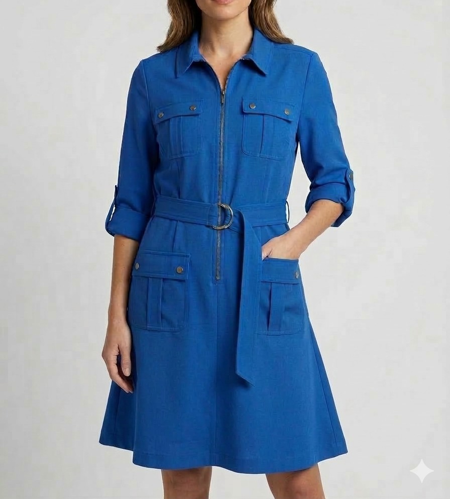 Sharagano Womens Royal Blue Belted Cargo Safari Career Wear to Work Dress 14 NEW