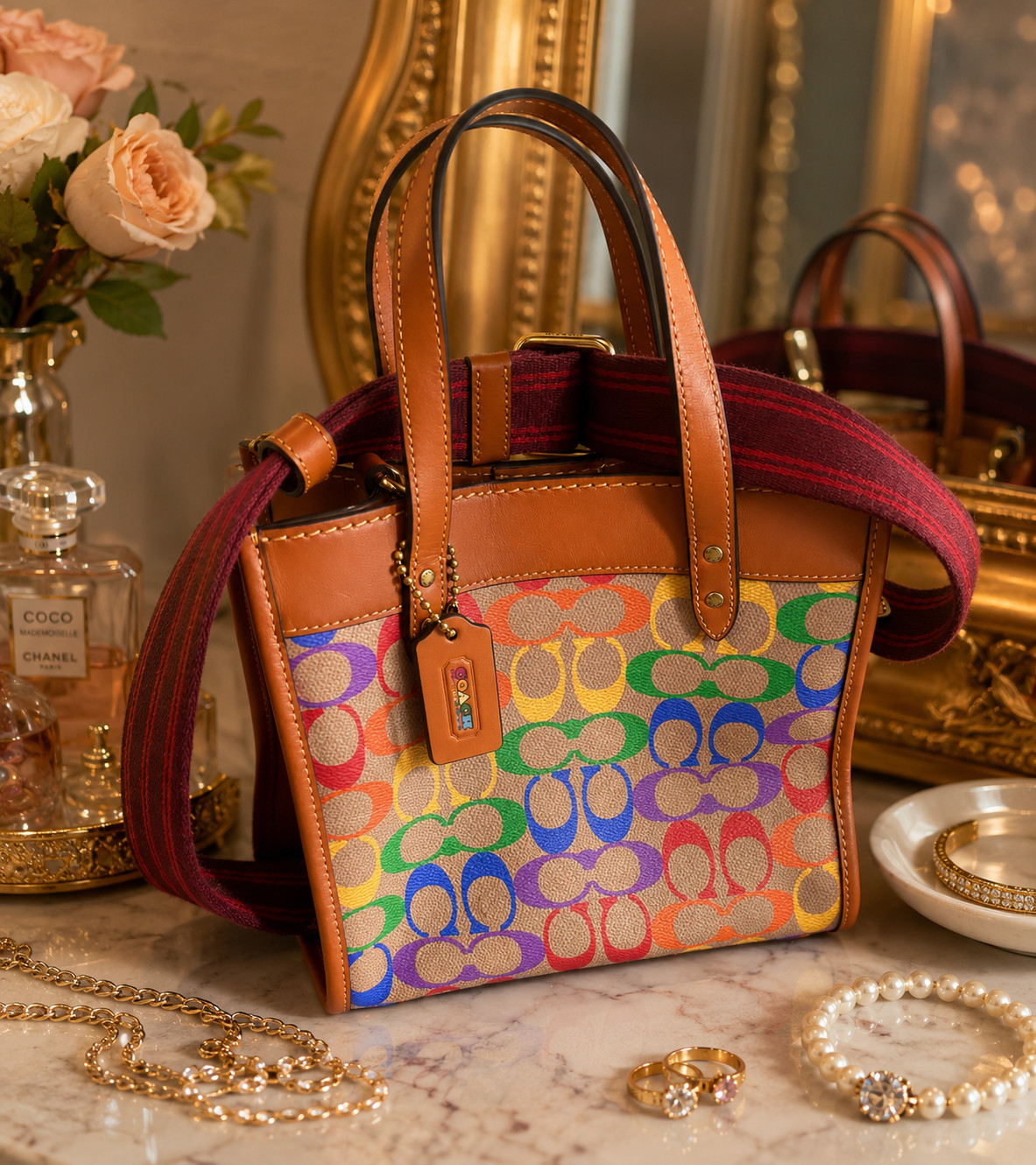 Coach Field Tote 22 in rainbow signature canvas C-01