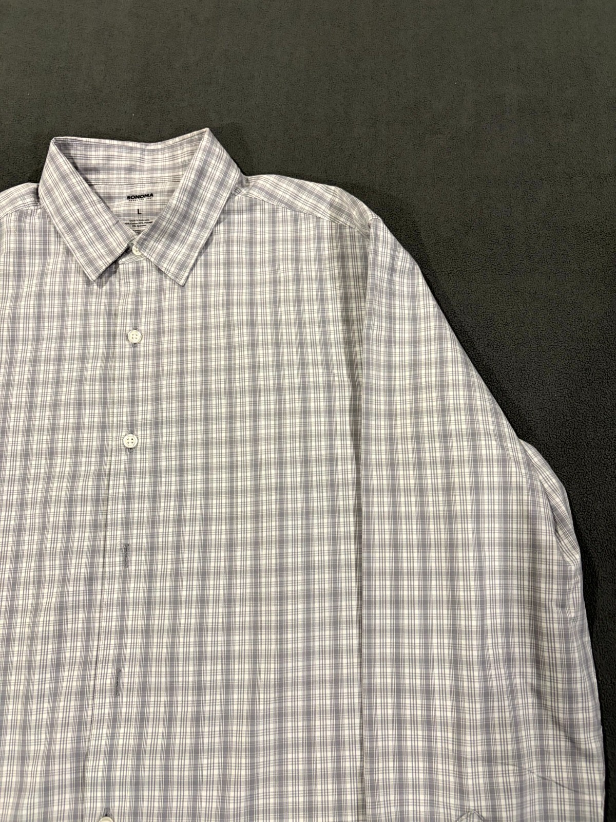 Sonoma Shirt Mens Large Gray Plaid Cotton Stretch Pleated Performance Button Up