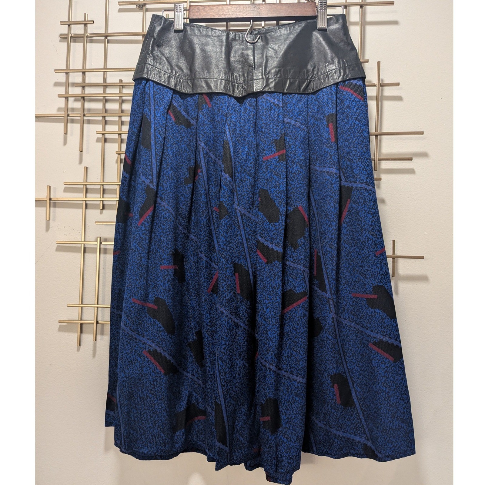 VTG 80’s Designer Silk Leather Trim Blouse & Skirt 2 Pc Set Black Cobalt Sz 10