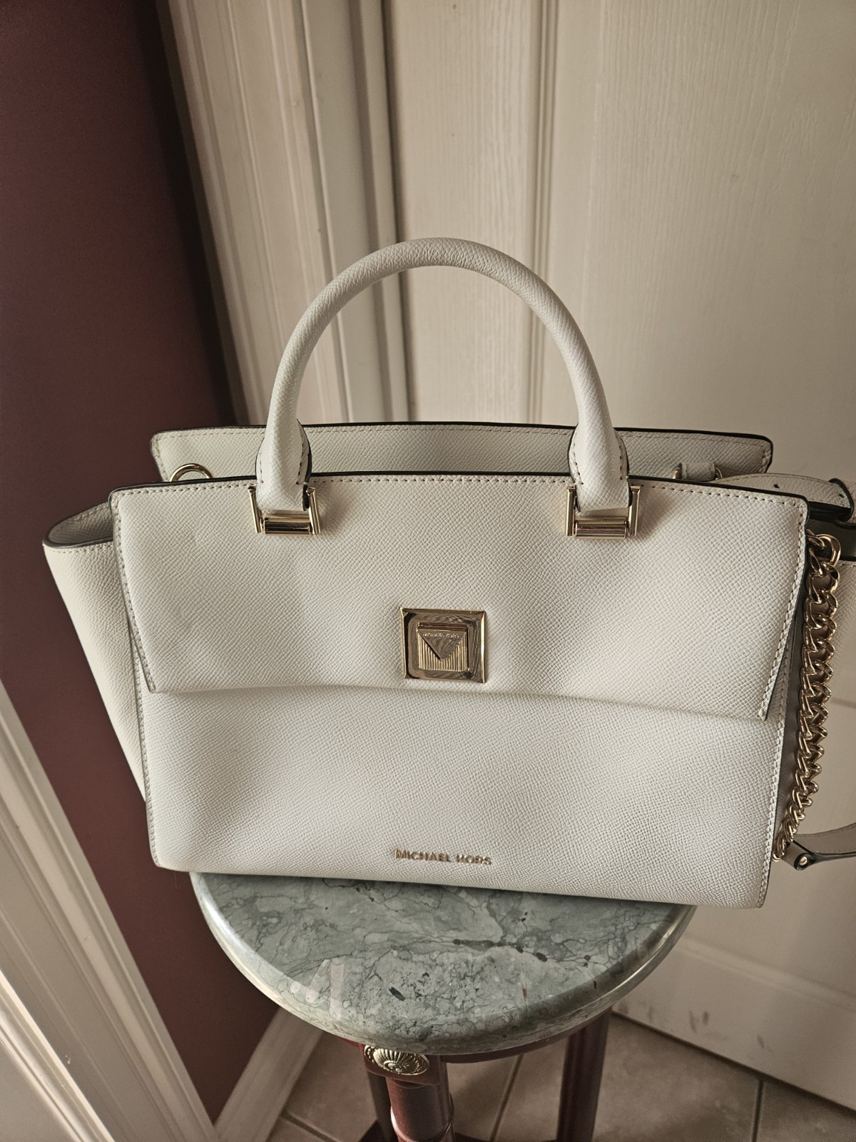 Michael Kors Medium White Pebbled Satchel Top Handle Zip Detachable Strap