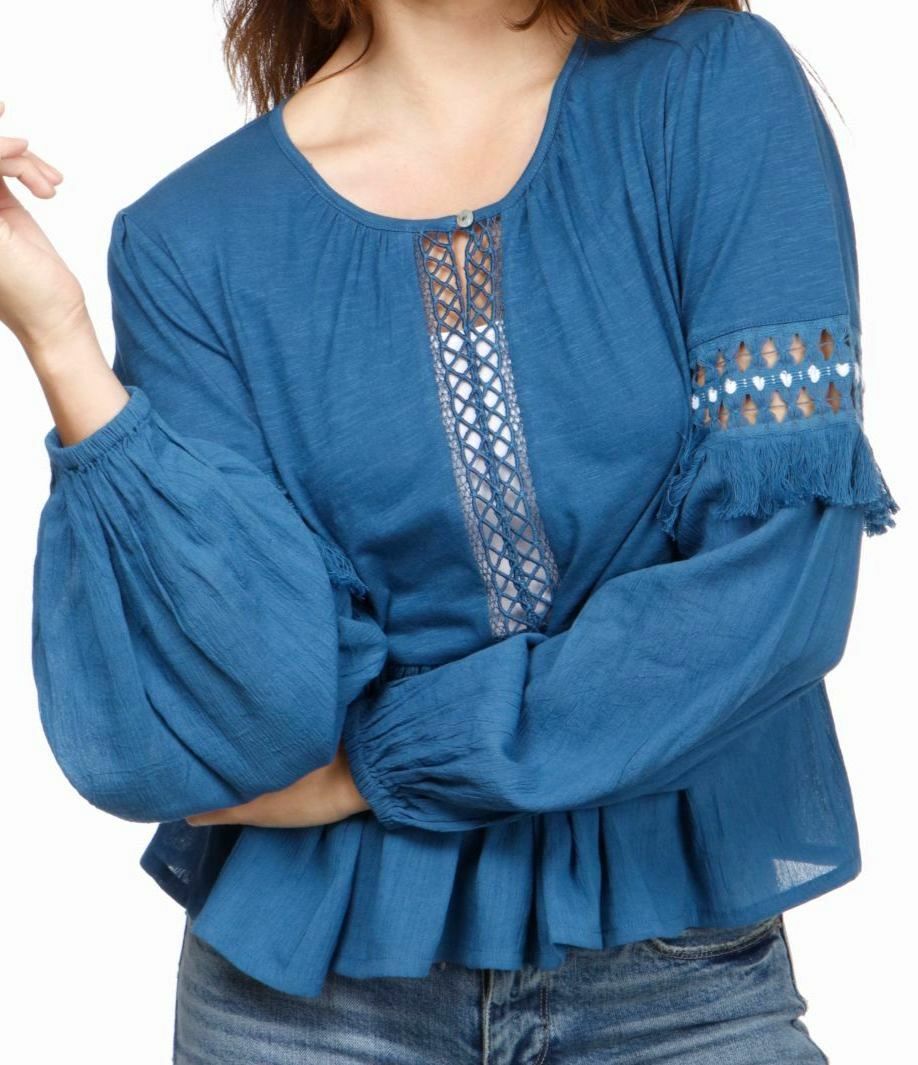 $101 Lucky Brand Womens Blue Relaxed Fit Cutout Illusion Peasant Top Size Large