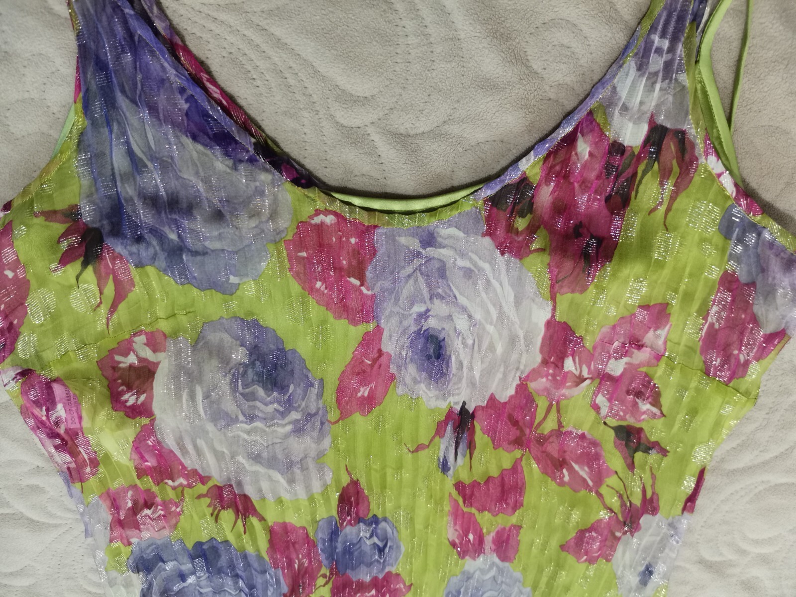 🆓US🛃 vtg 2000 Dolce&Gabbana floral printed Corrugated pleated Silk Dress IT 44
