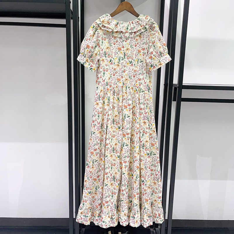 DOEN Floral Print Dress – Ruffle Neck Layered Ruffle Hem Puff Long Sleeve