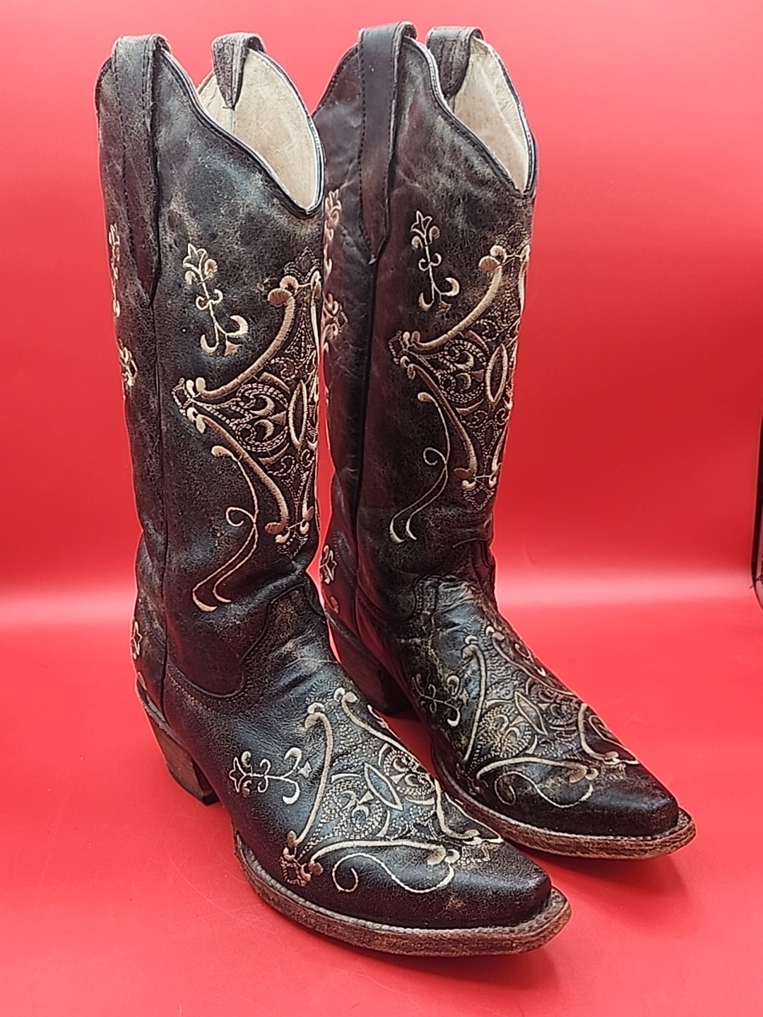 Circle G Embroidered Black Leather Snip-Toe Western Boots L5048 Women Size 8.5