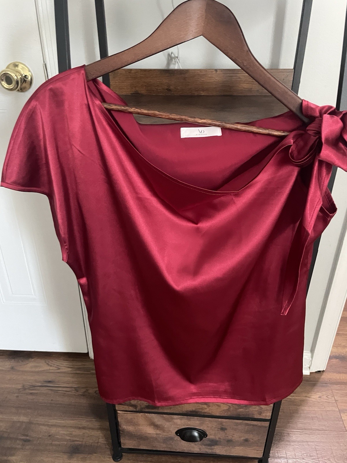 VIDUSSA Women’s L Burgundy Satin Silk Asymmetrical Neck Bow Blouse Top