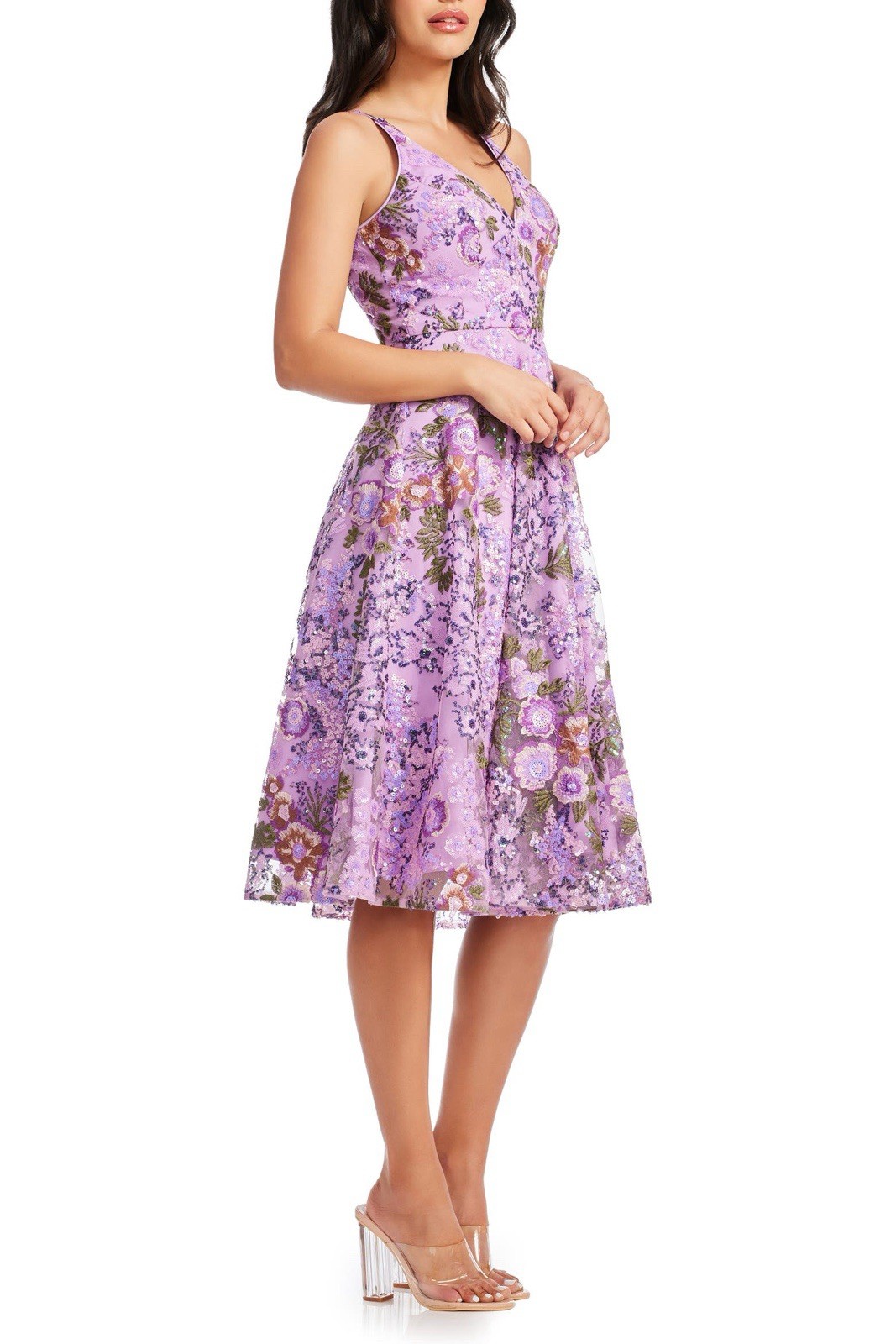 Dress the Population Purple Floral Sequin Embroidered Mesh V-Neck Midi XS