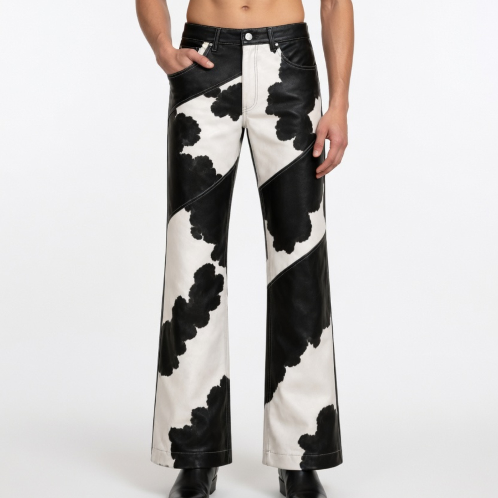 Men’s Brown & White Cowhide Leather Pants Hair On Hide Western Cowboy Style