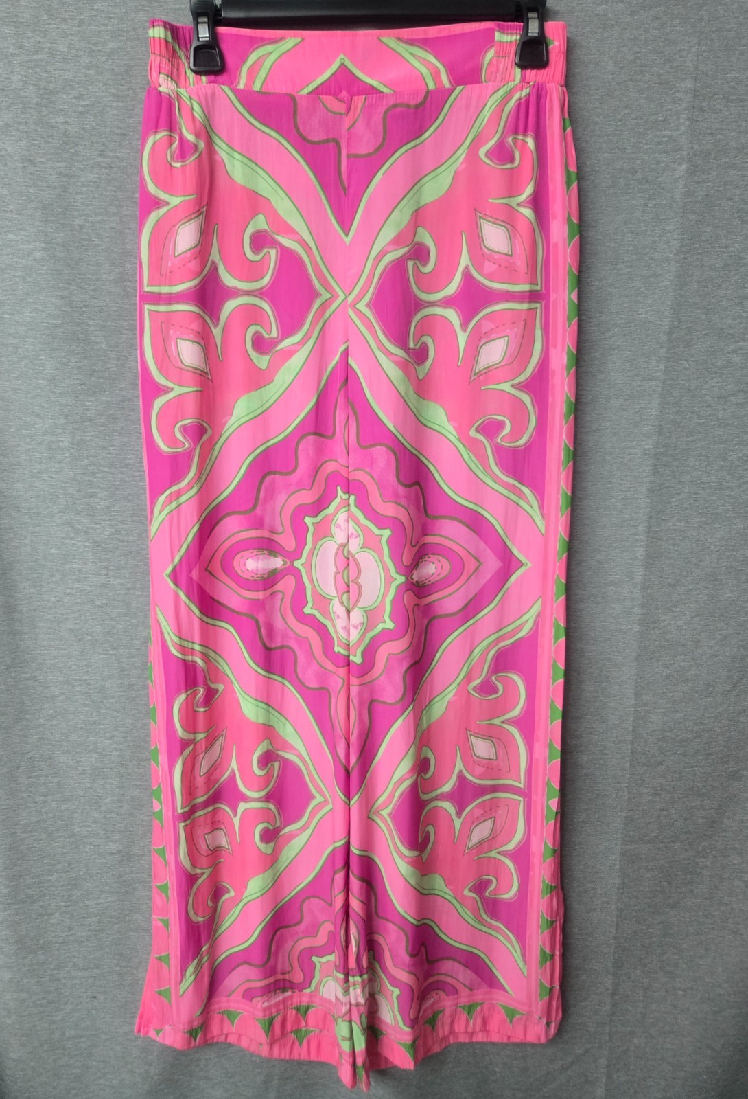 Rose + Olive Palazzo Pants Pink Green Geometric Print Wide Leg Slit Womens Boho
