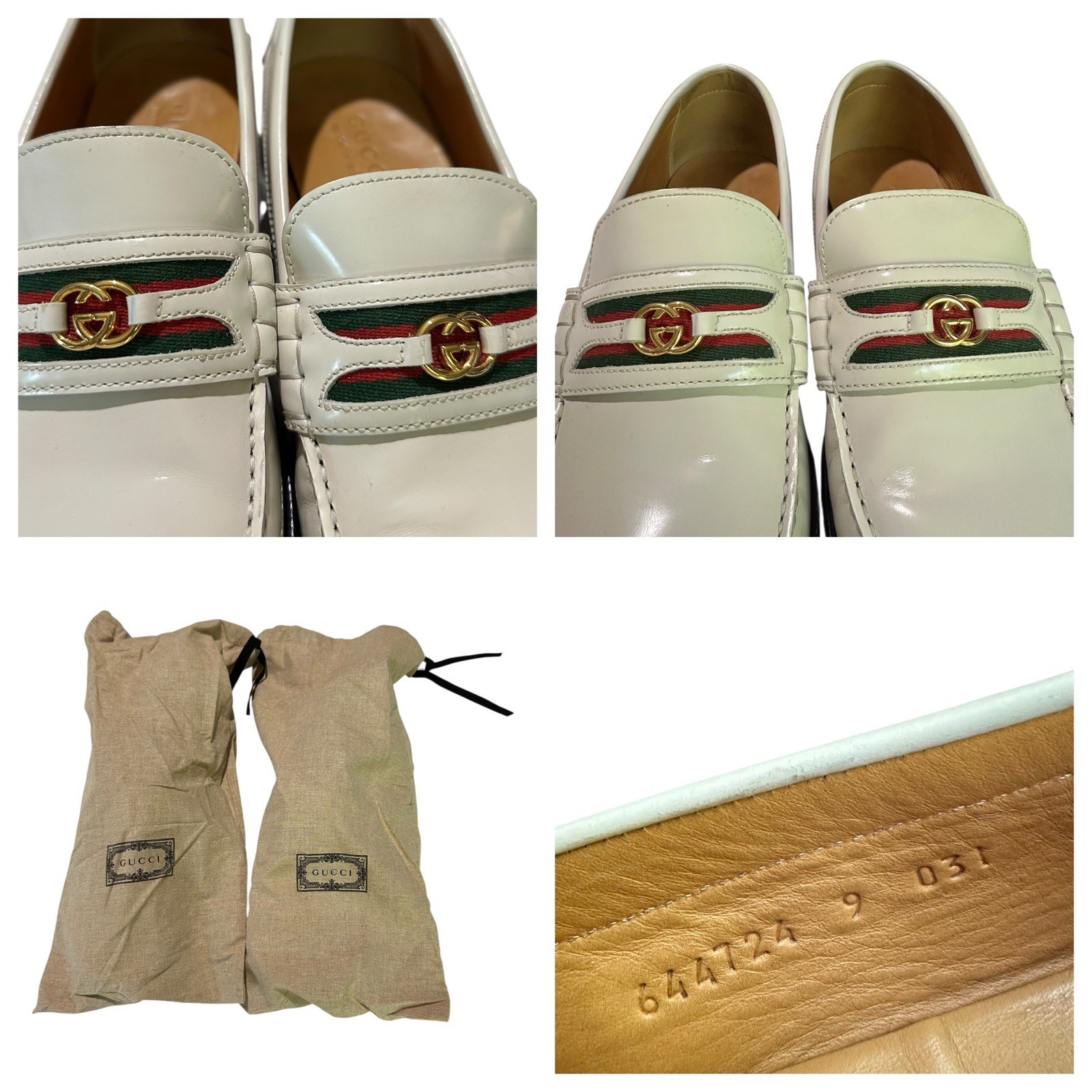 Men Genuine GUCCI Kaveh Webbing White Leather Loafers Shoes GG logo 9.5 US