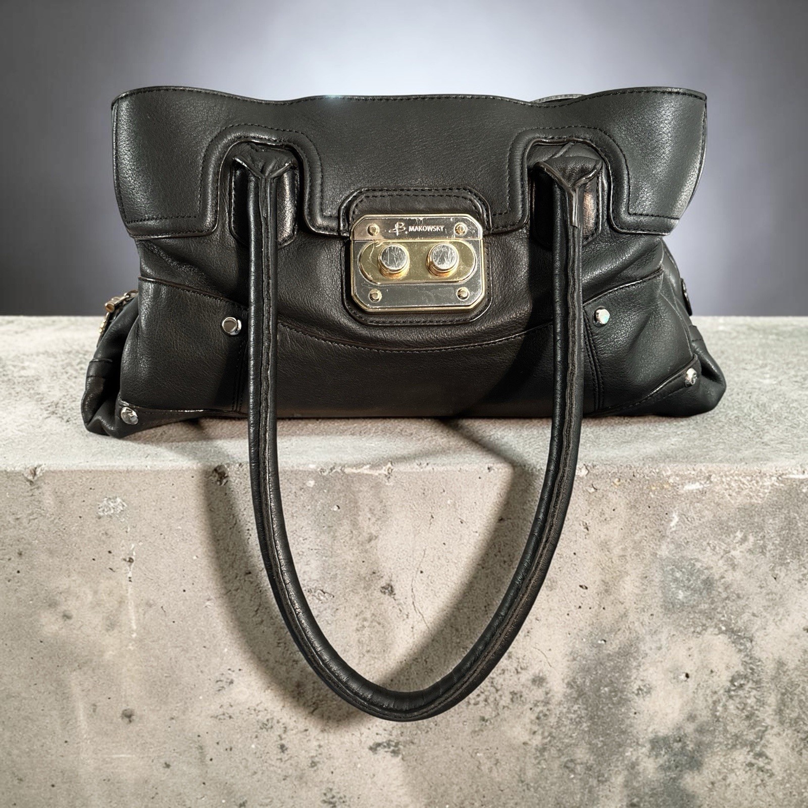 B. Makowsky Slouchy Pebbled Black Leather Satchel Bag W/Burgundy Lining