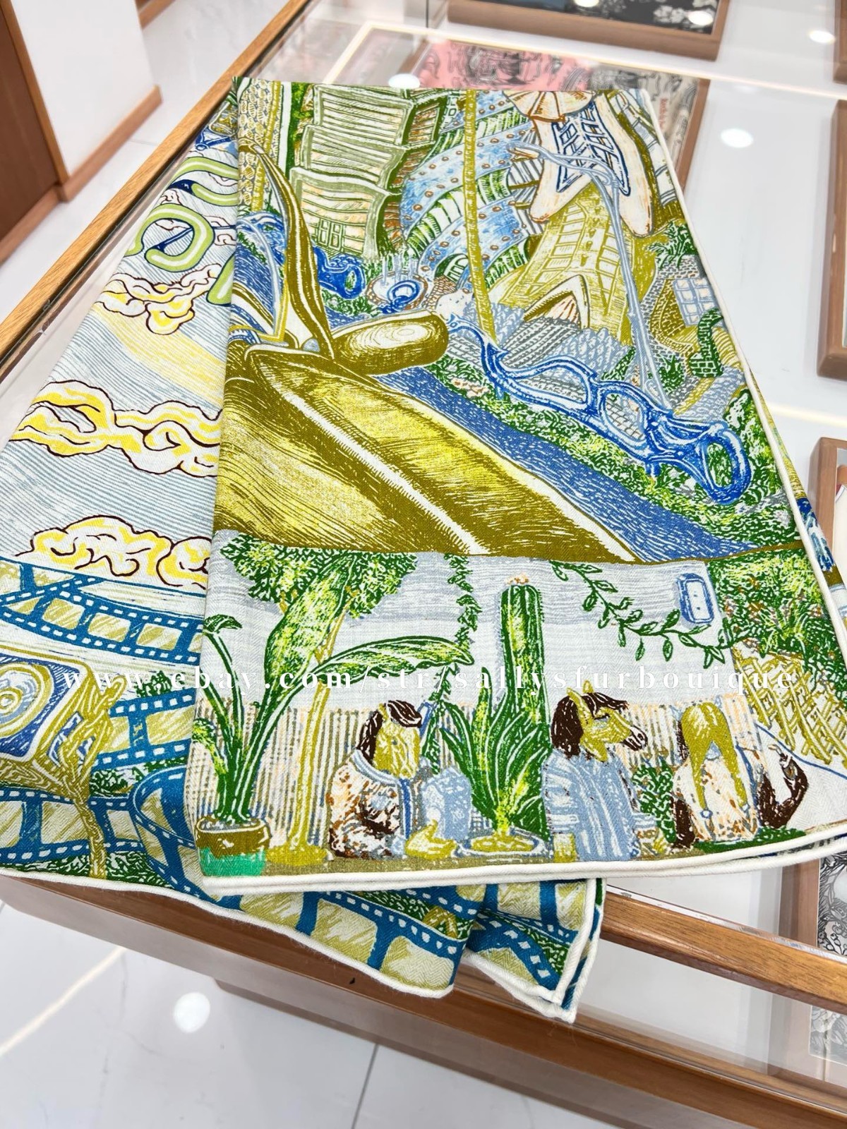 Sallys 70% Cashmere & 30% Silk Wrap Scarf City Print Double Face Shawl 53″ Green