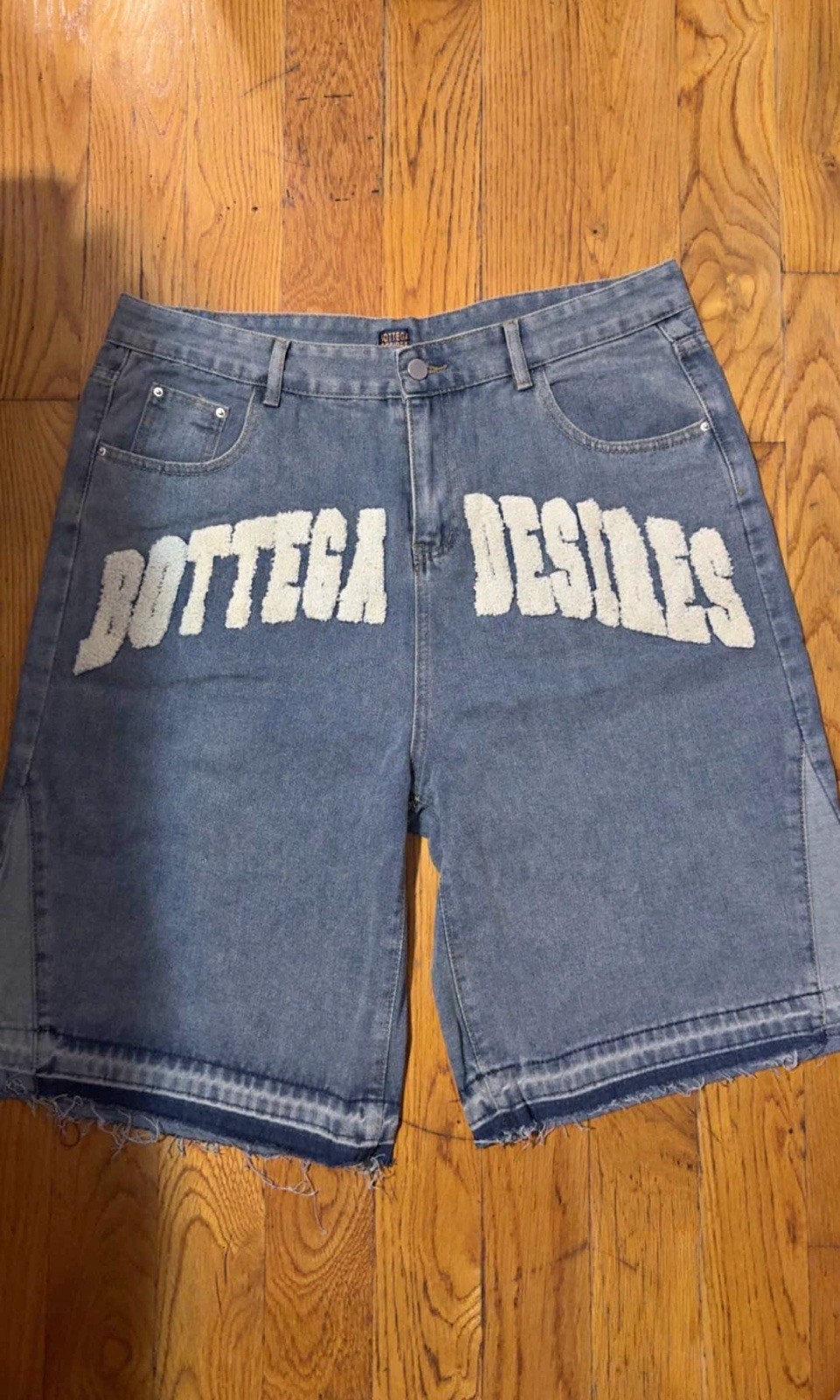 Bottega Desires Men’s Blue Denim Shorts, Raw Hem Logo, 5-Pocket, 12″ Inseam
