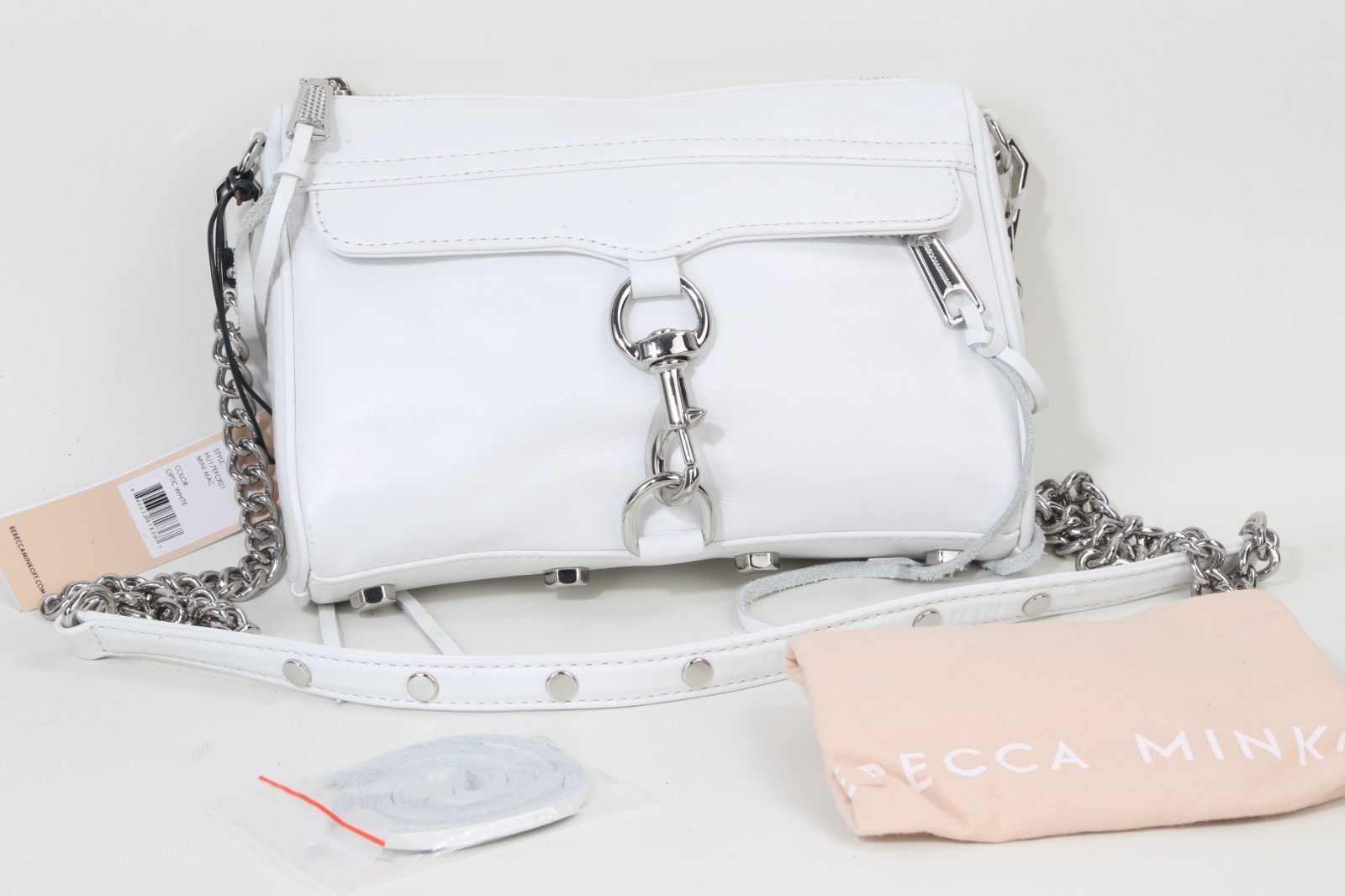 Rebecca Minkoff Mini MAC White Leather Crossbody Bag Silver Chain Dog Clip Purse