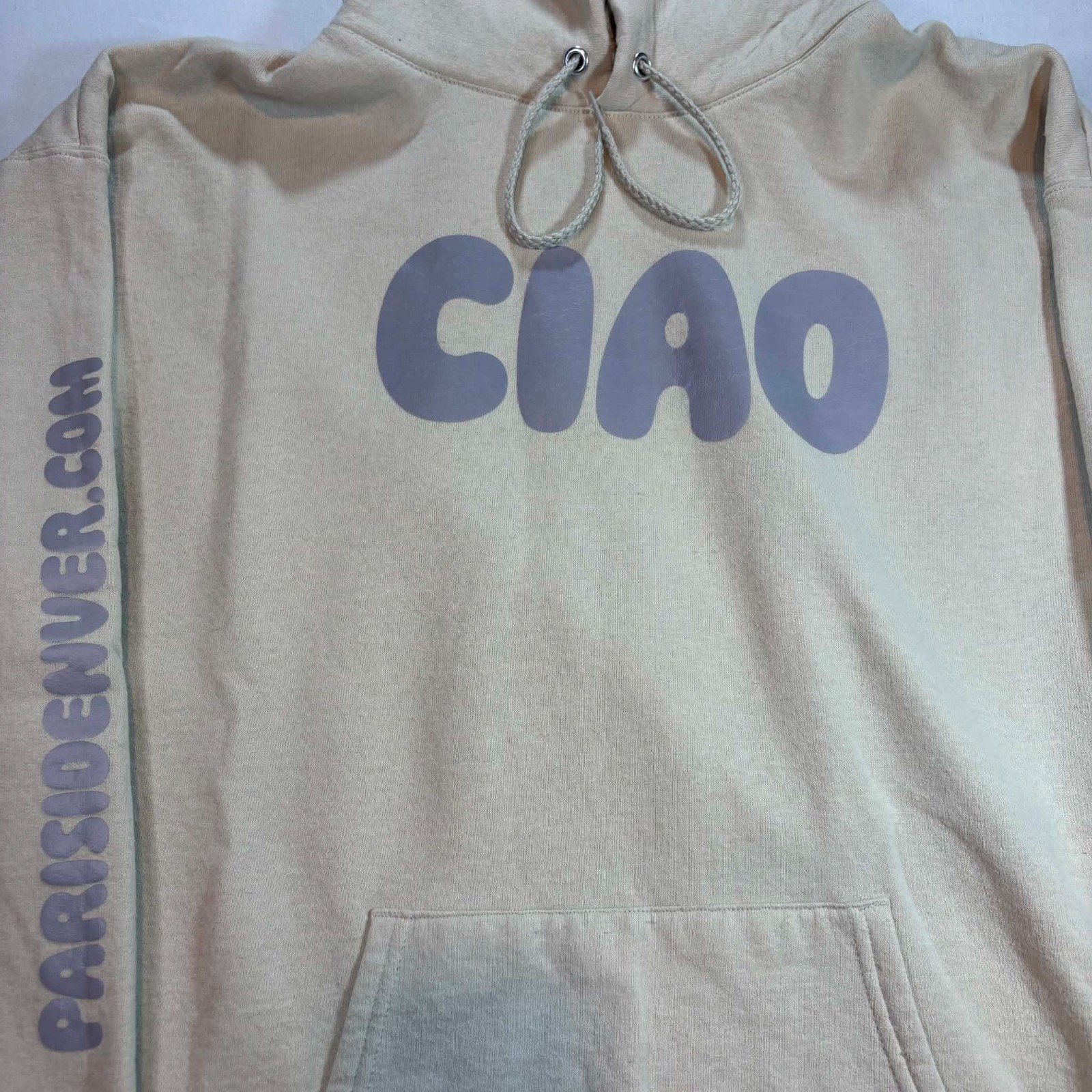 Parisi Denver Ciao Hoodie Womens XL Cream Lavender Graphic Pullover Sweatshirt