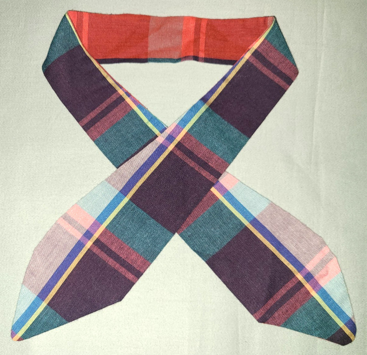 Vtg cotton Madras plaid multicolor reversible tie, red blue purple green