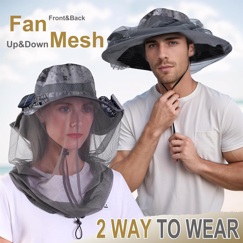 Mosquito Net Hat With Solar Fan Wide Brim Fishing Outdoor Men Women Sun Cap Gift