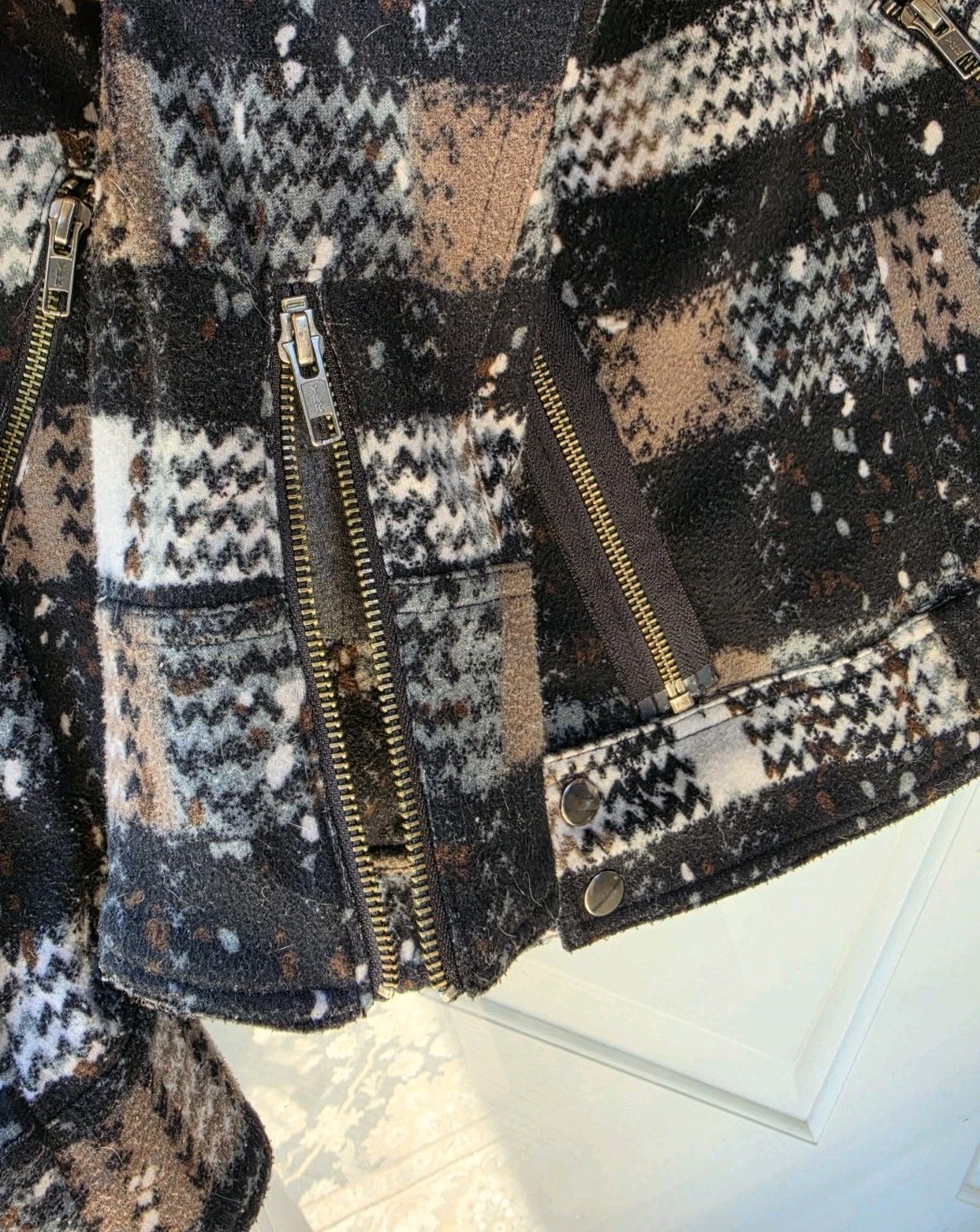 Free People Plaid Splatter Moto Jacket Zip Front Pockets Short Long Sleeve 10