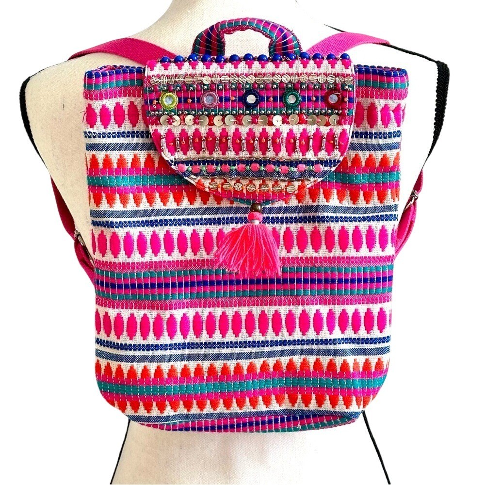 NEW Accessorize Hot Pink Embroidered Boho Woven Backpack Beaded Tassel