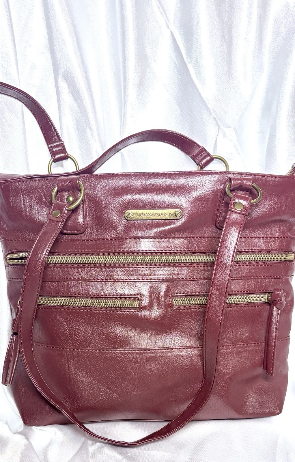 Stone Mountain Women’s Burgundy Brown Vegan Leather Shoulder Bag Purse EUC A1