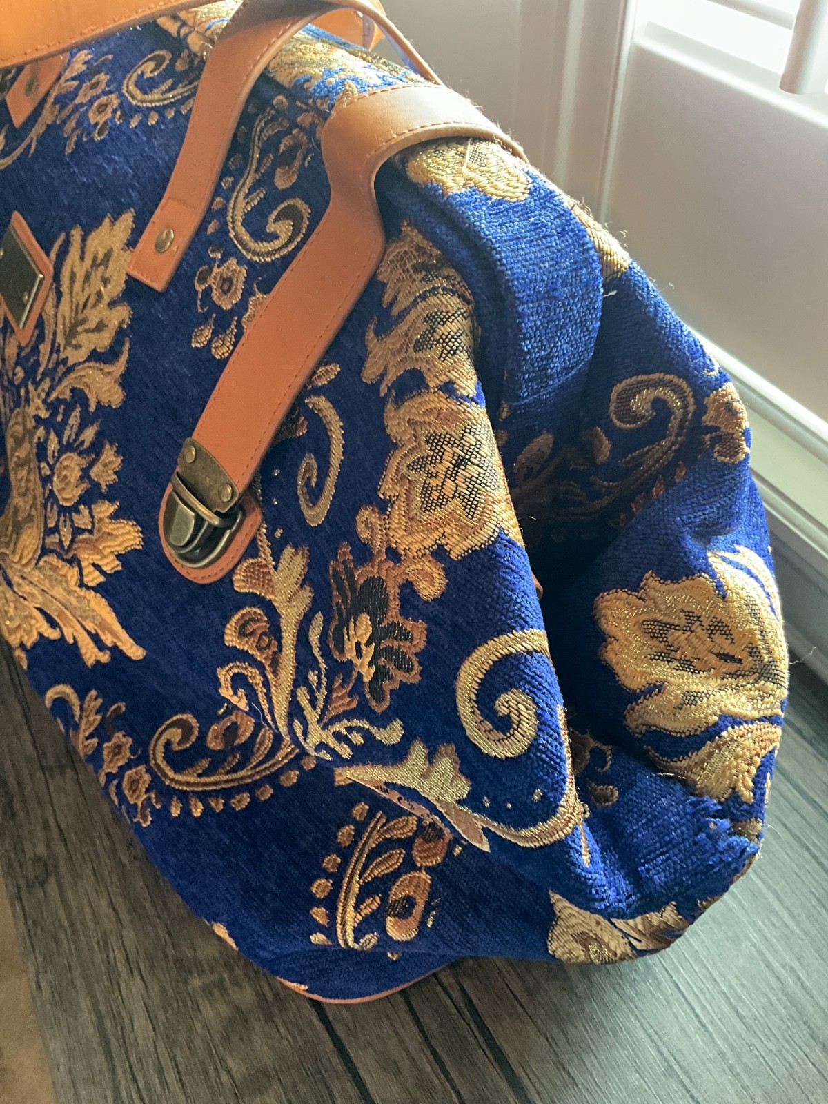 retro carpet bag large blue and gold