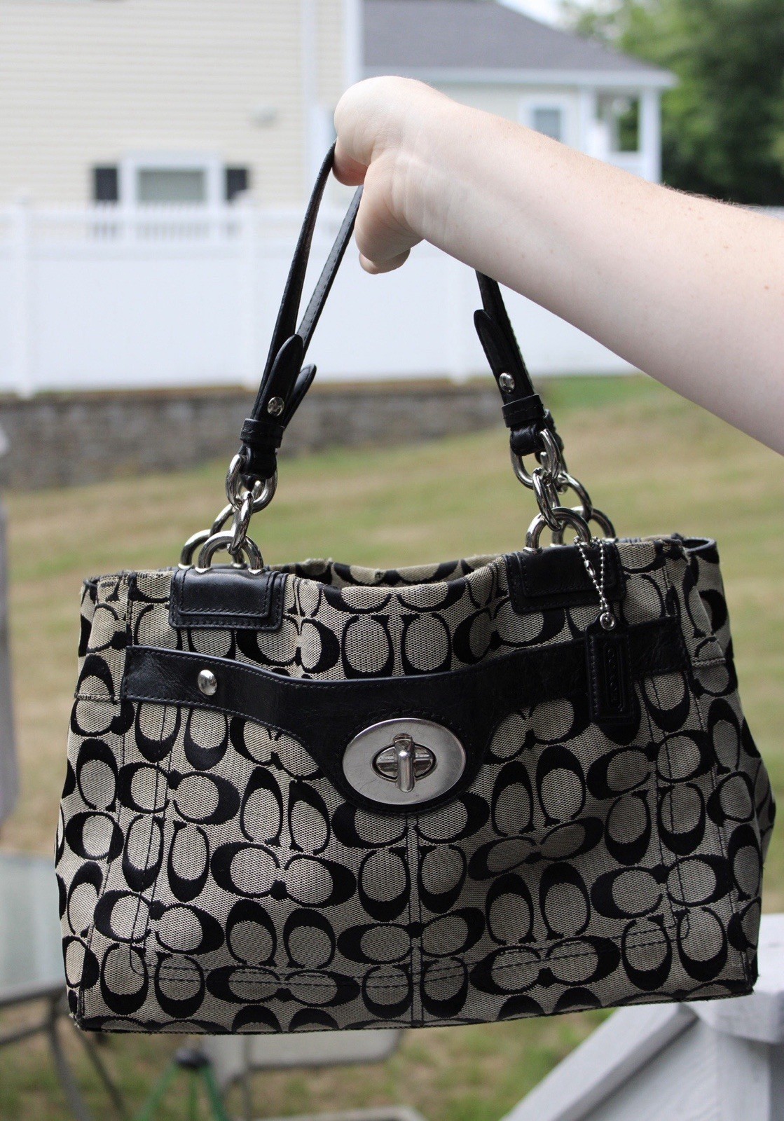 Vintage Coach Penelope Signature Tote featuring a black and gray monogram canvas