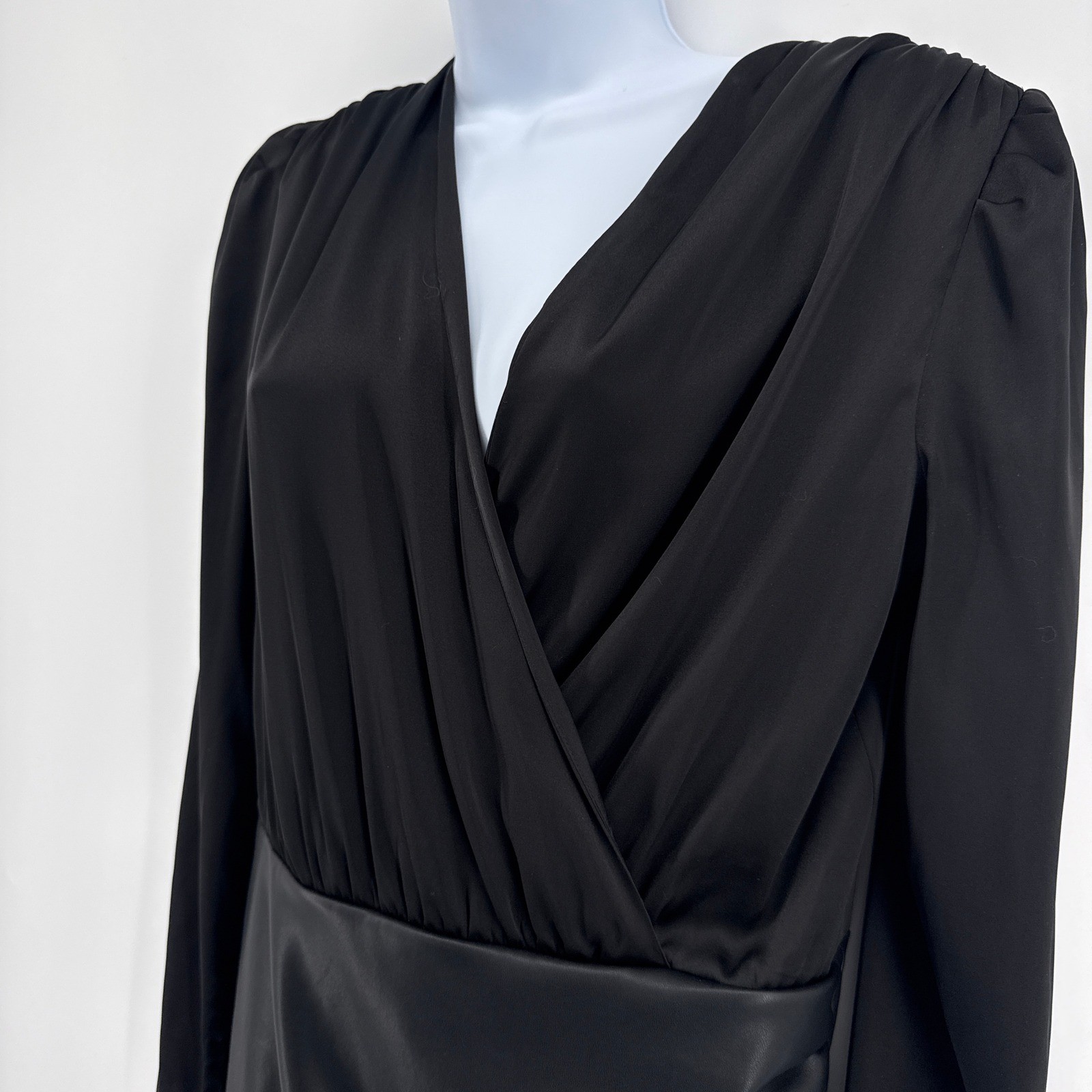 Generation Love Miley Faux Leather Combo Dress Black Draped V-Neck Mini Small