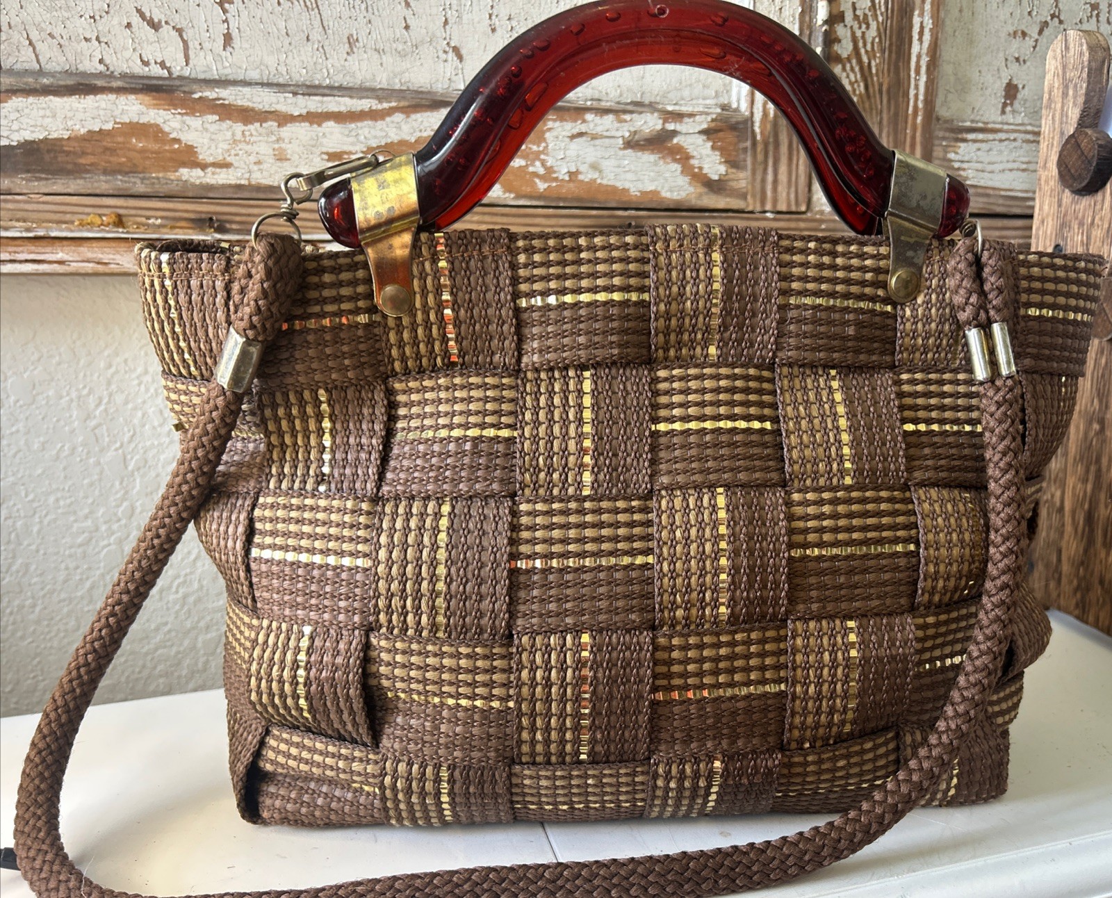 Seatbelt Purse Italian Shoulder Bag Gold Webbing On Brown