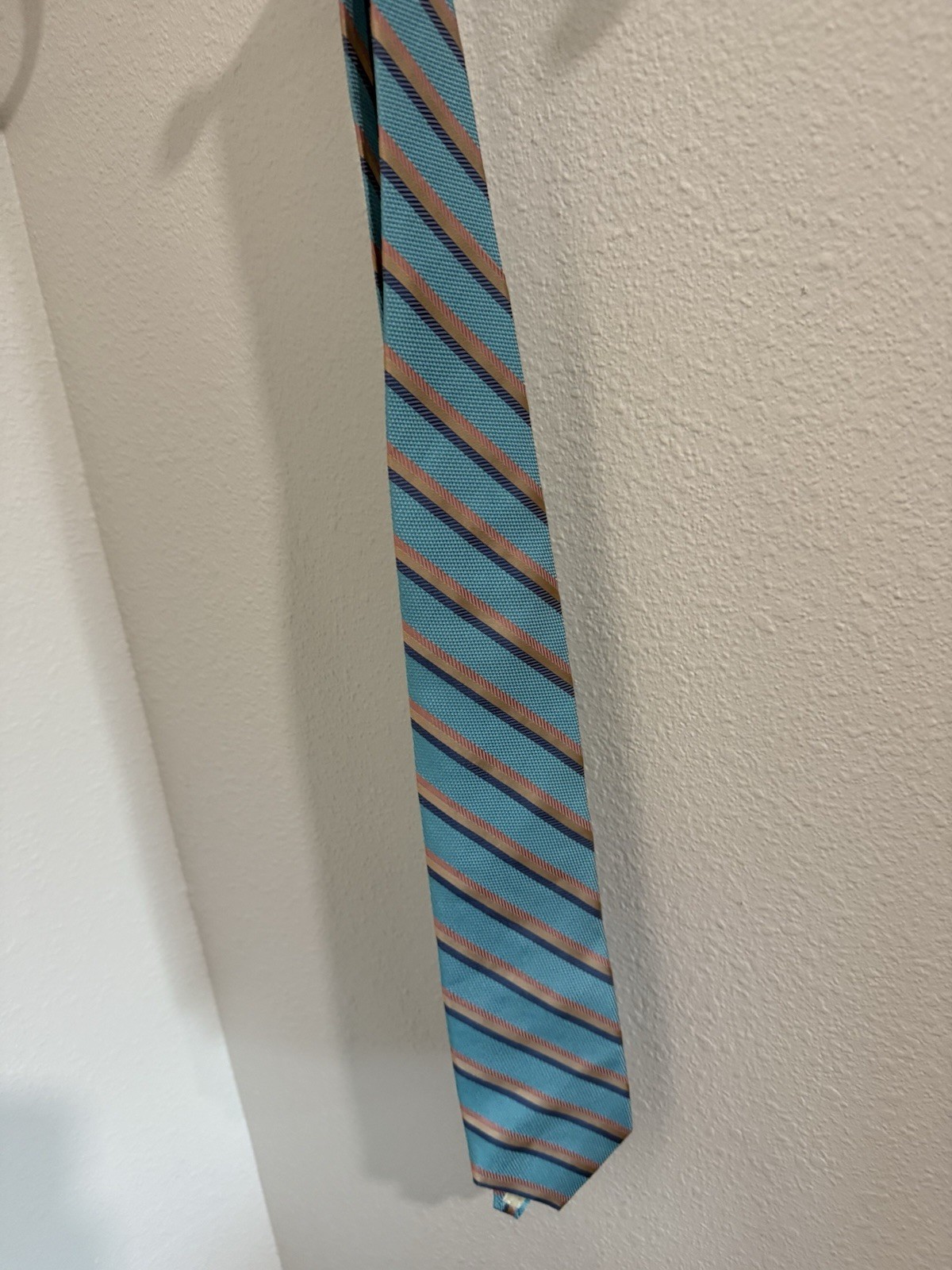 Tom James Corporate Image Silk TieMens Turquoise Blue Pink Stripe Excellent