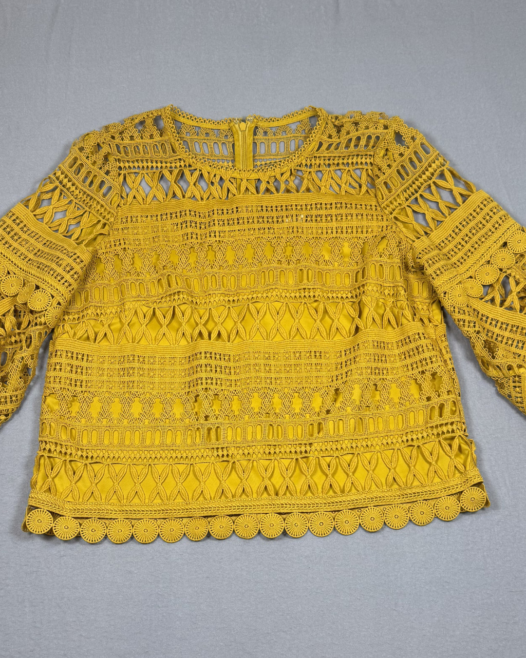 A. Moss Womens Medium Mustard Lace Crochet Blouse Long Sleeve Boho Top Lined