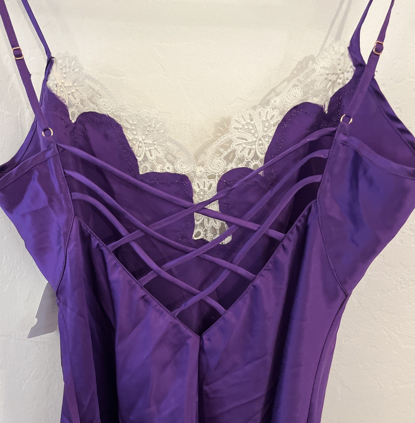 NWT SilkSilky 100% Silk Chemise Nightgown Purple Lace Trim Back Size M